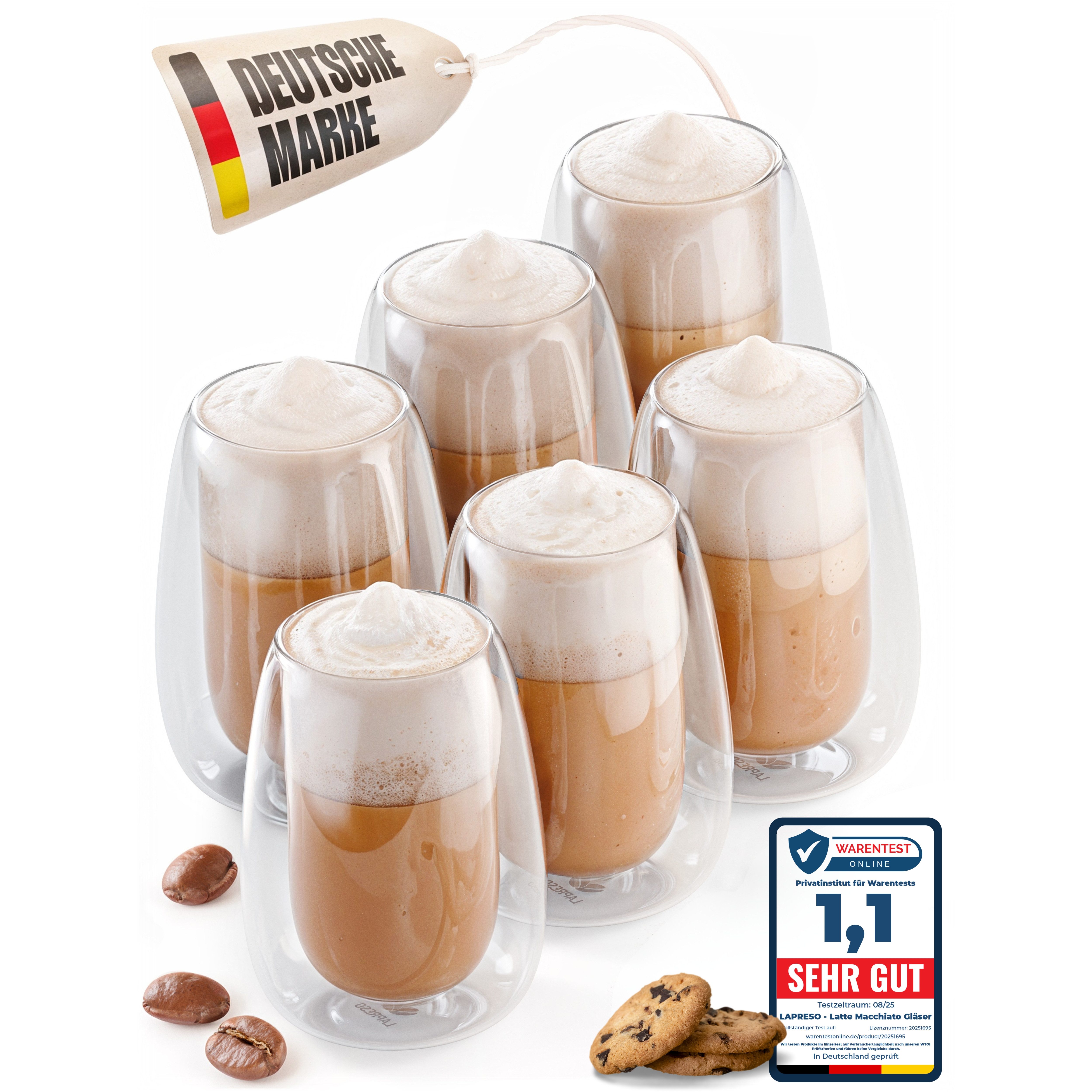 LAPRESO Cappuccinotasse Doppelwandig Thermogläser Kaffeegläser Set 250 ml, 6-tlg., Borosilikatglas, 6er Set