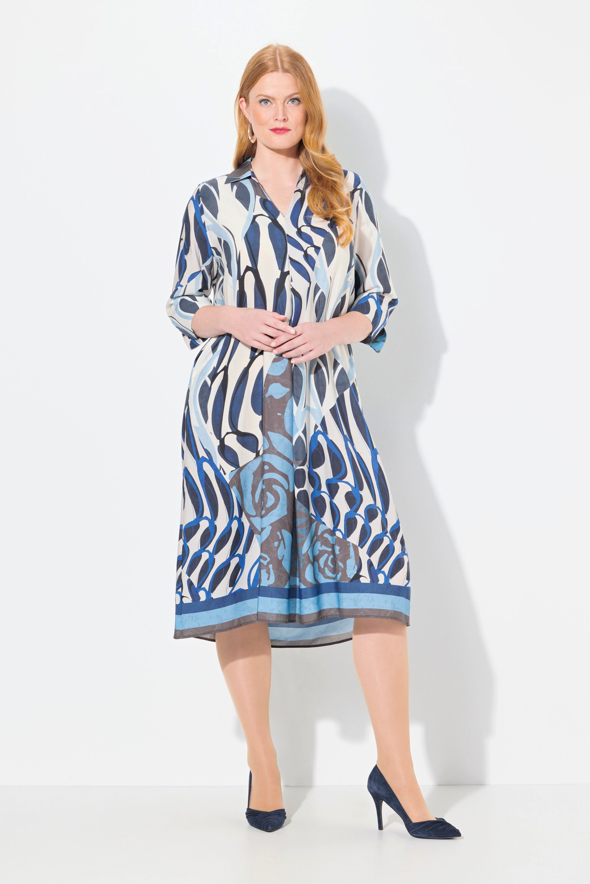 Midikleid Lyocell-Midikleid A-Linie Hemdkragen 3/4-Arm