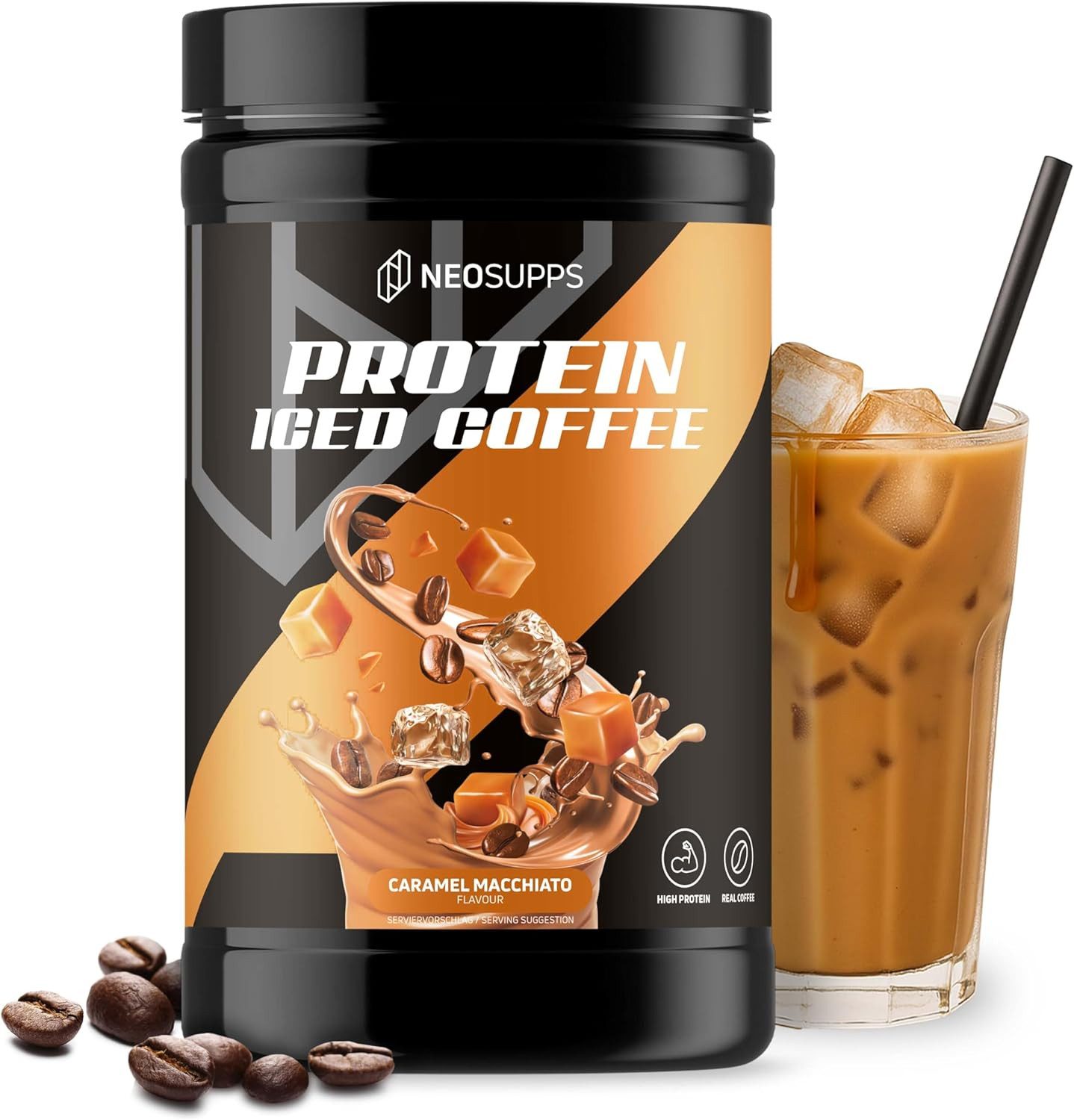 Neosupps Protein Iced Coffee Caramel Macchiato 500g, Eiweißkaffee, 20g Protein Pulver, 500 g, 80mg Koffein pro Portion, Low Sugar Protein Drink mit Kaffee