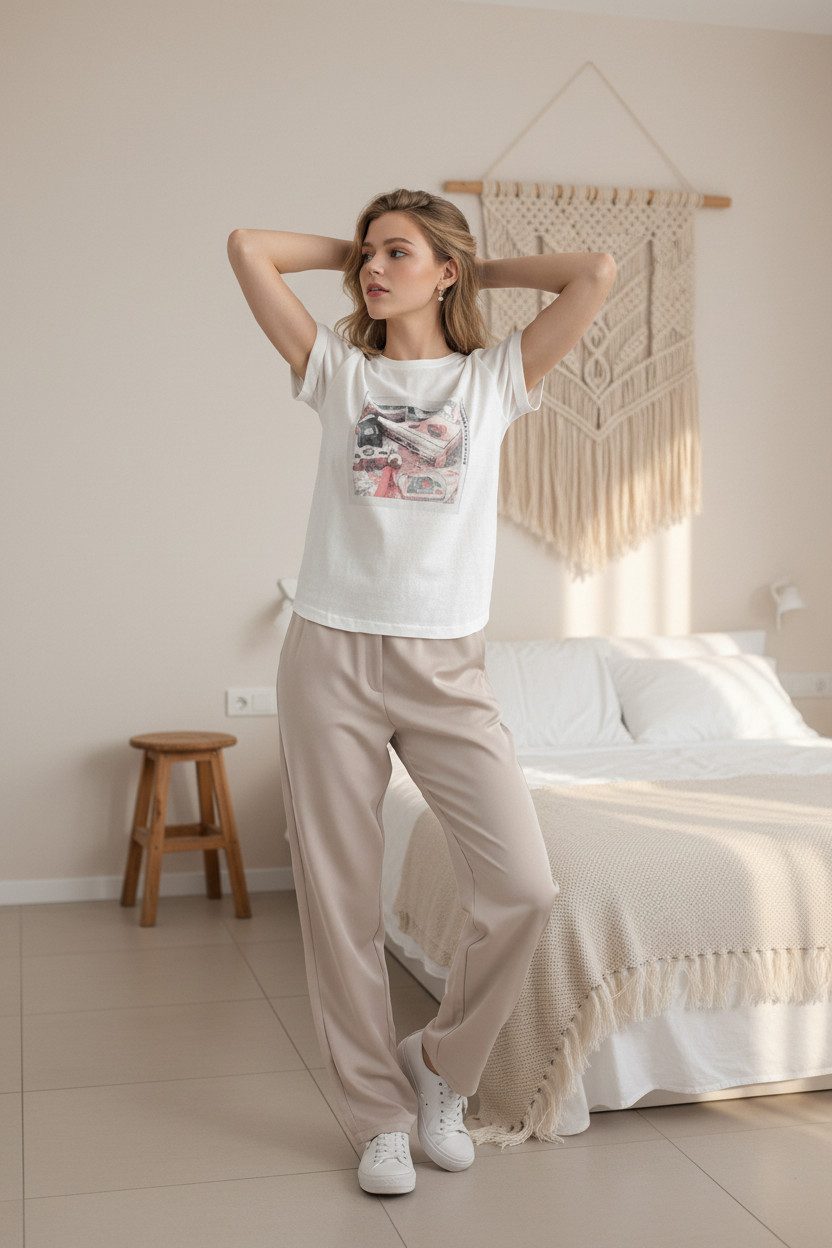 Zuckerwatte Print-Shirt aus 100% Baumwolle, modische Form