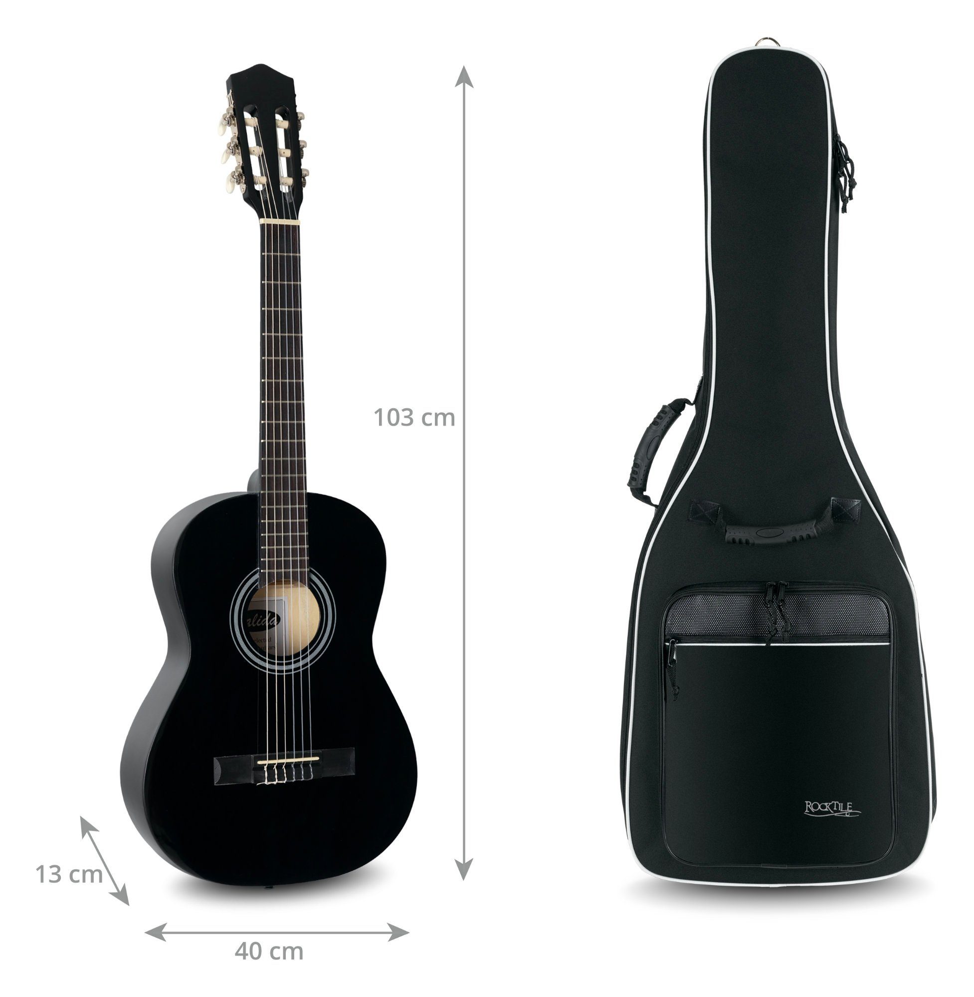 Rocktile Gitarrentasche Klassik-Gitarrentasche 4/4-Größe (Gigbag mit weicher Polsterung, inkl. 2 Fronttaschen für Noten/Zubehör), Ergonomisch geformter Komfort-Griff
