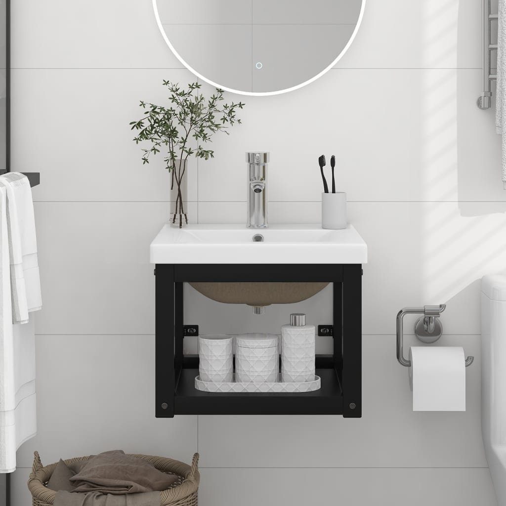 Schwarz (1-St) vidaXL Waschbecken mit Badezimmer-Waschtischgestell Eisen Badezimmerspiegelschrank