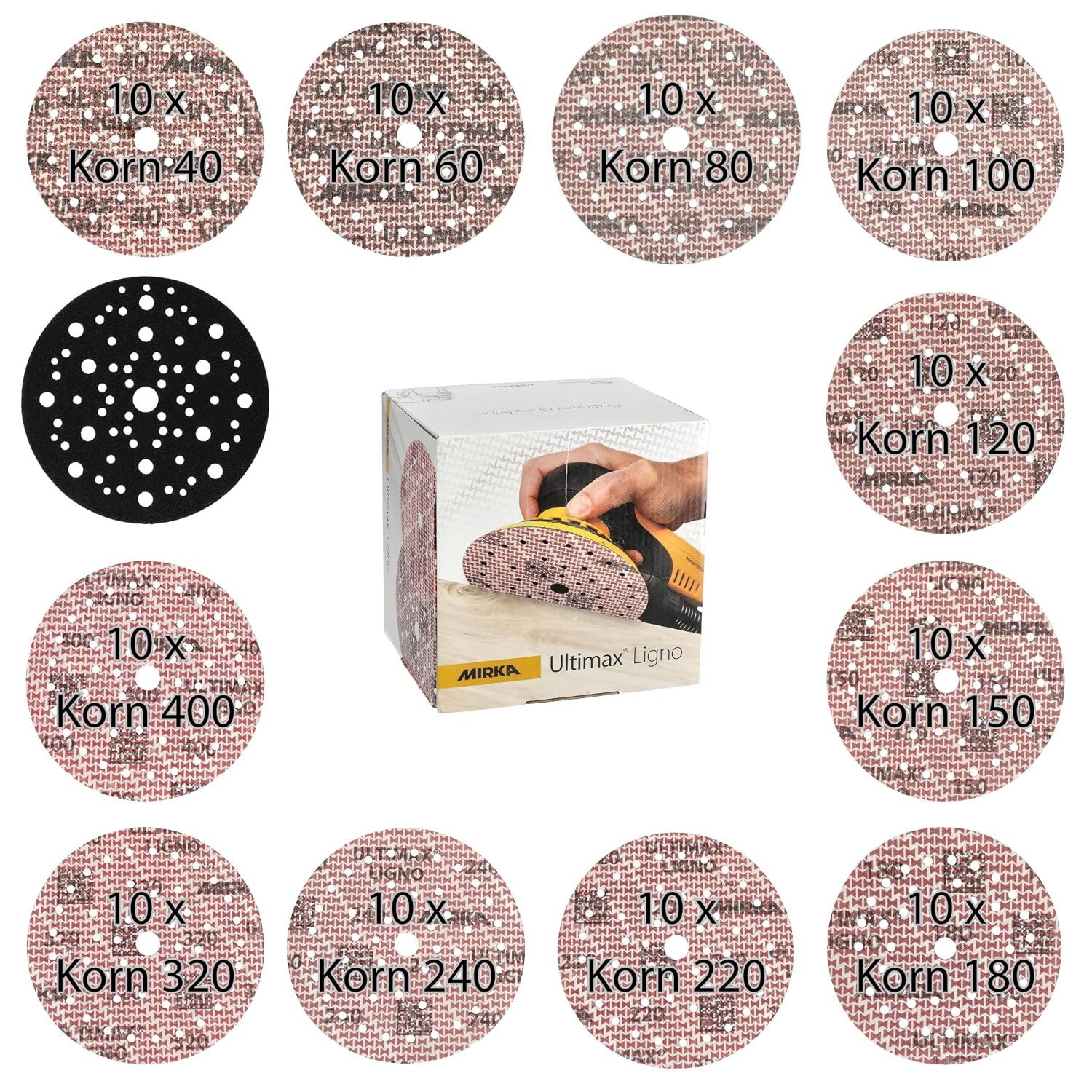 Mirka Schleifscheibe Ultimax Ligno, (91 St), Ø 150 mm, Mix-Pack 40/60/80/120/150/180/240/320/400 x 10St + Pad Saver