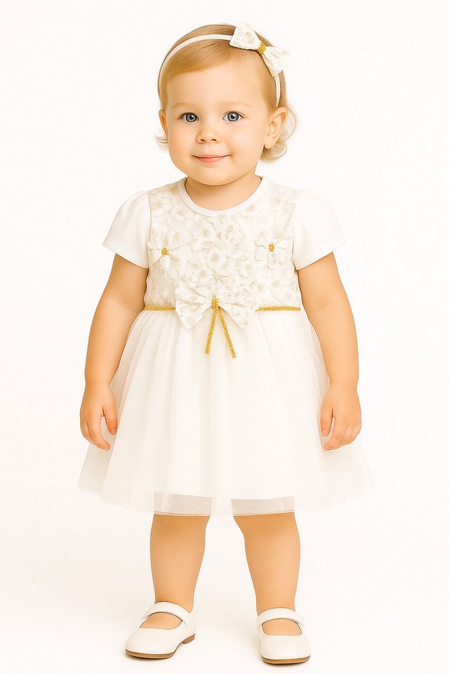 Lorey Medtec Taufkleid Prinzessin Kleid mit Haarreif, Party Kleid, 100% Baumwolle, Weiß (Kleid + Haarreif) Spitze, Tüll