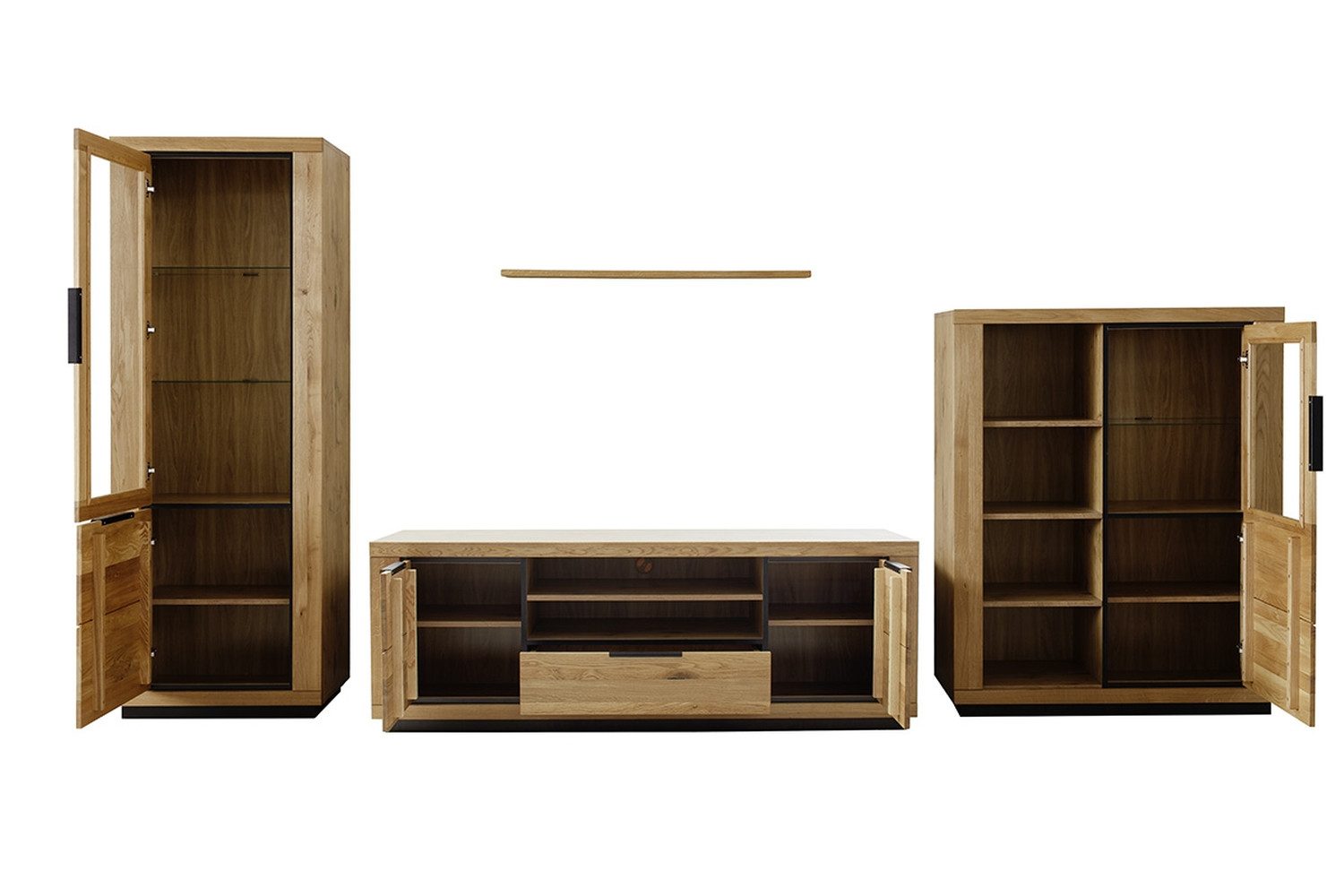 freiraum Wohnwand GRENO, in natur geölt, Wildeiche teilmassiv - 407x200x54cm (BxHxT)
