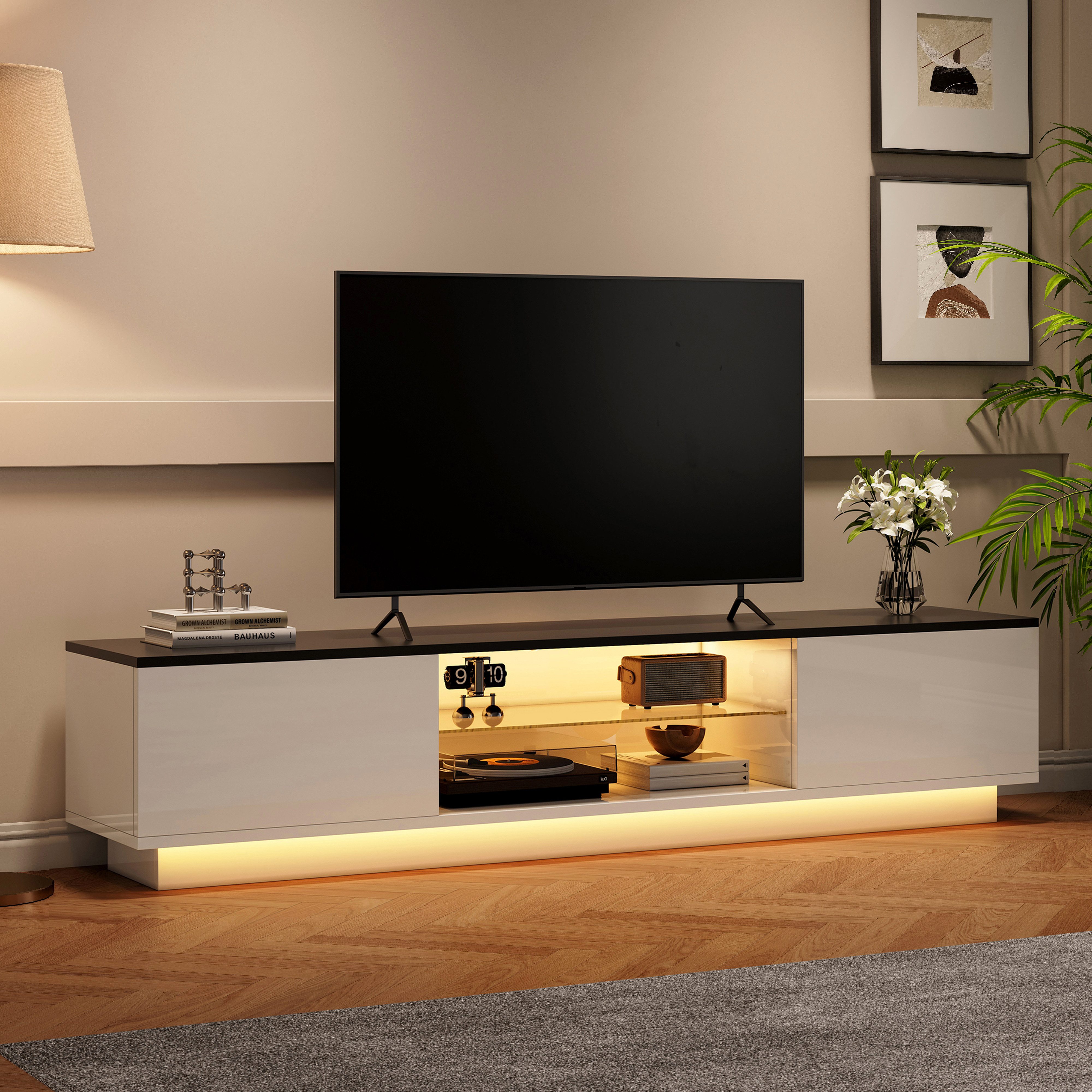 Furnishings Home TV-Schrank LED Lowboard Fernsehschrank, Breite 140/160 cm (1-St., Lowboard, mit Glasregale, Fernsehschrank in wohnzimmer) Fernsehschrank, 2 offenes Regalfach, viel Stauraum