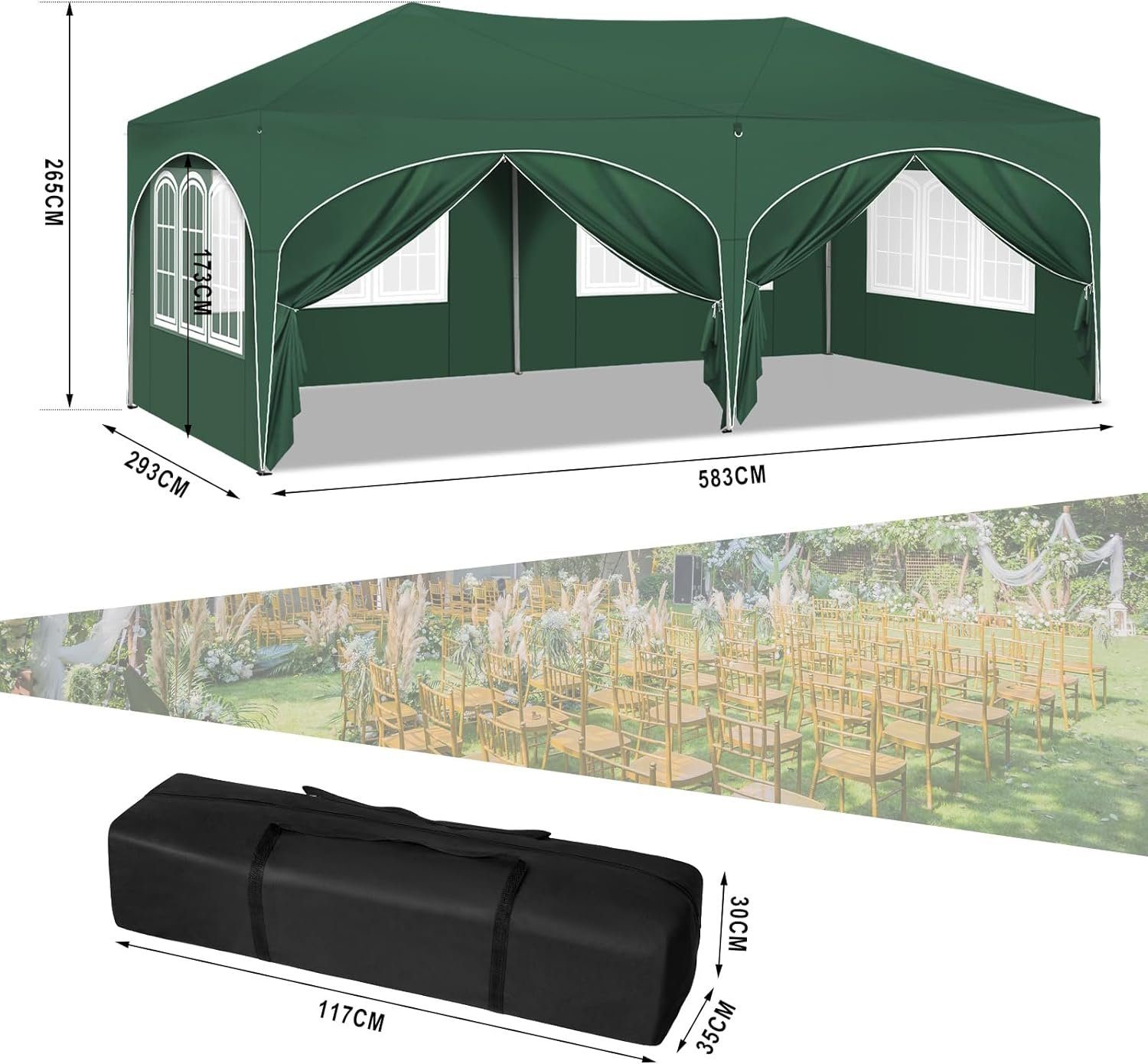Woltu Pavillon, mit 6 Seitenteilen, 3x6 m, mit 6 Seitenwänden, höhenverstellbar