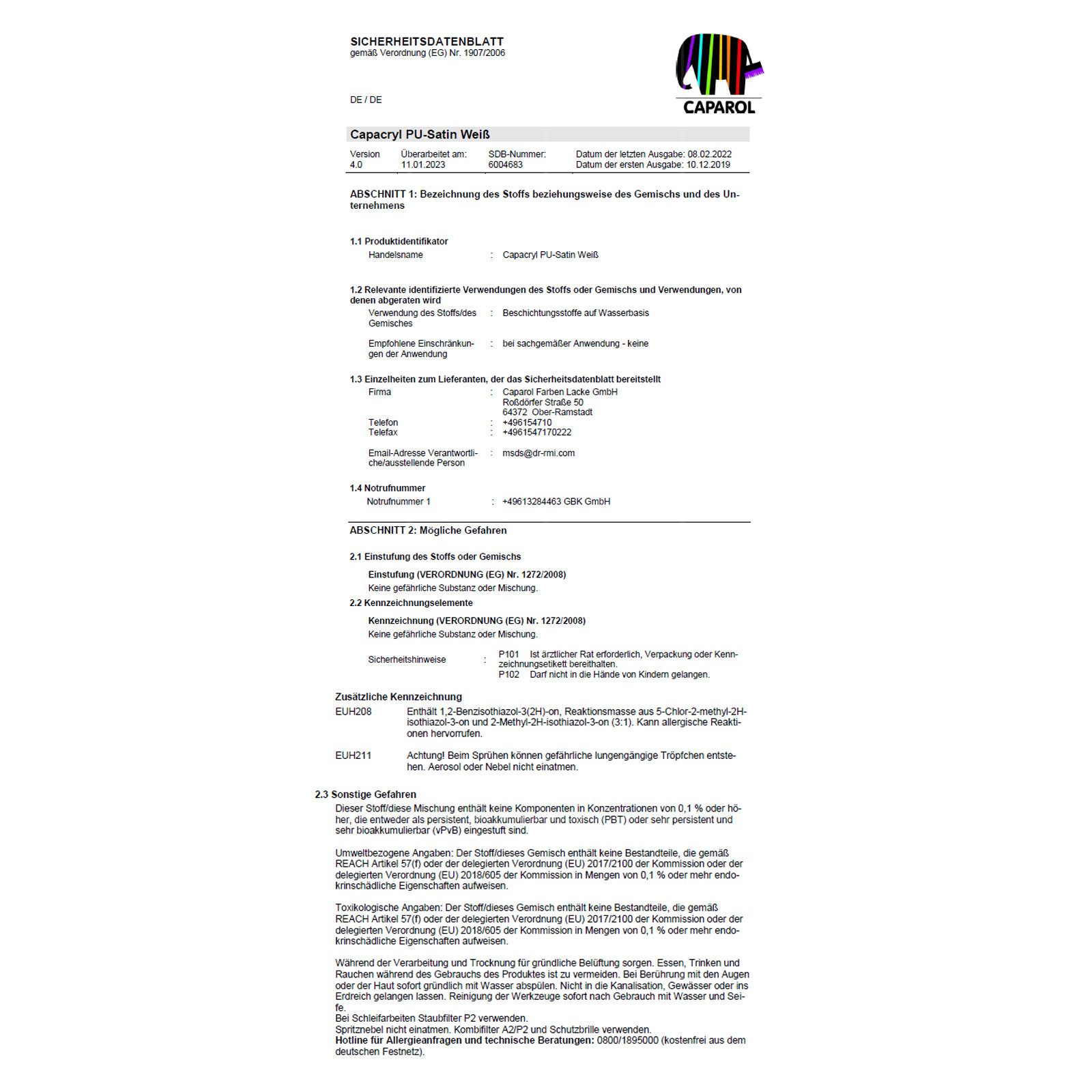 Caparol Acryl-Buntlack Capacryl PU-Satin - 0.375 Ltr (Weiss)