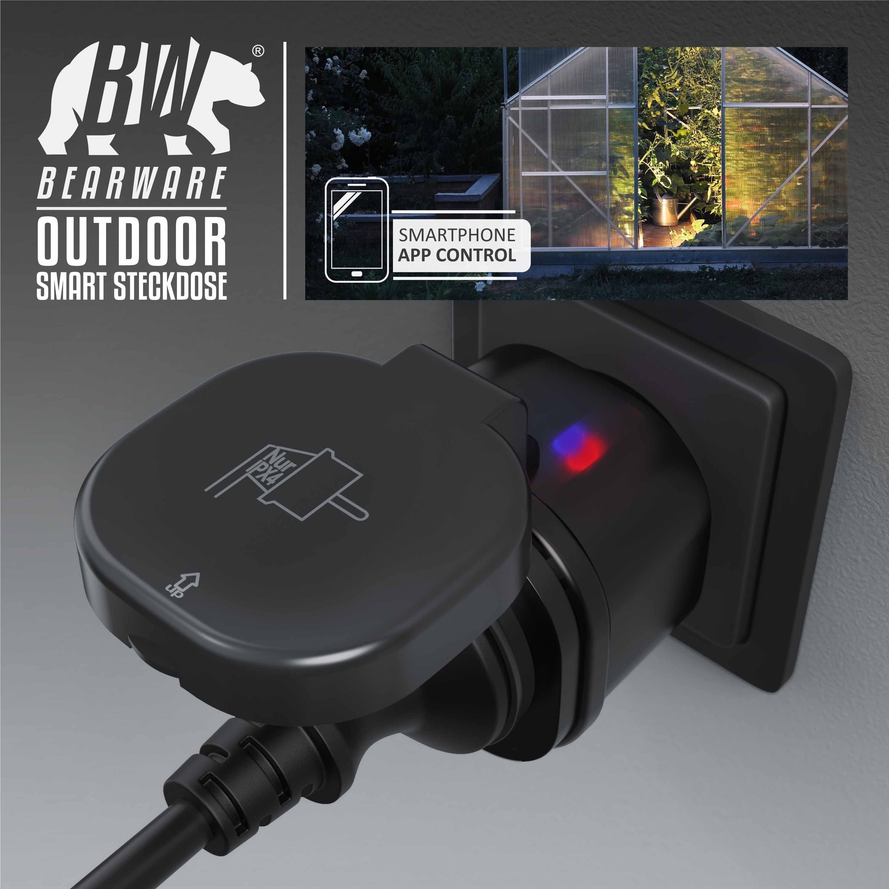 BEARWARE WLAN-Steckdose, max. 3000 W, 2-St., Wifi Outdoor Steckdose 2,4 Ghz, Steuerung per App Smart Life / IP44