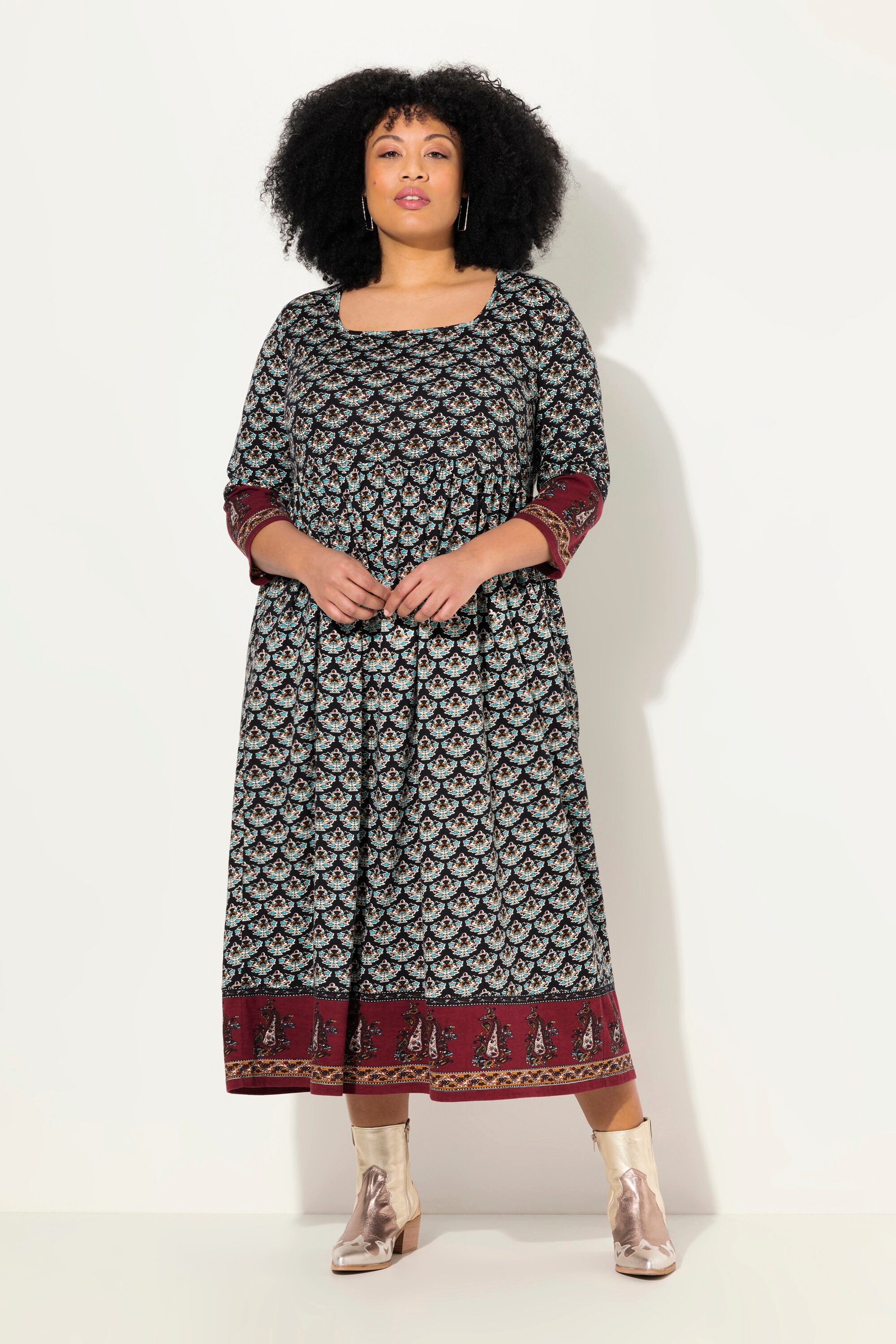 Ulla Popken Maxikleid Jerseykleid A-Linie Carree-Ausschnitt 3/4-Arm günstig online kaufen