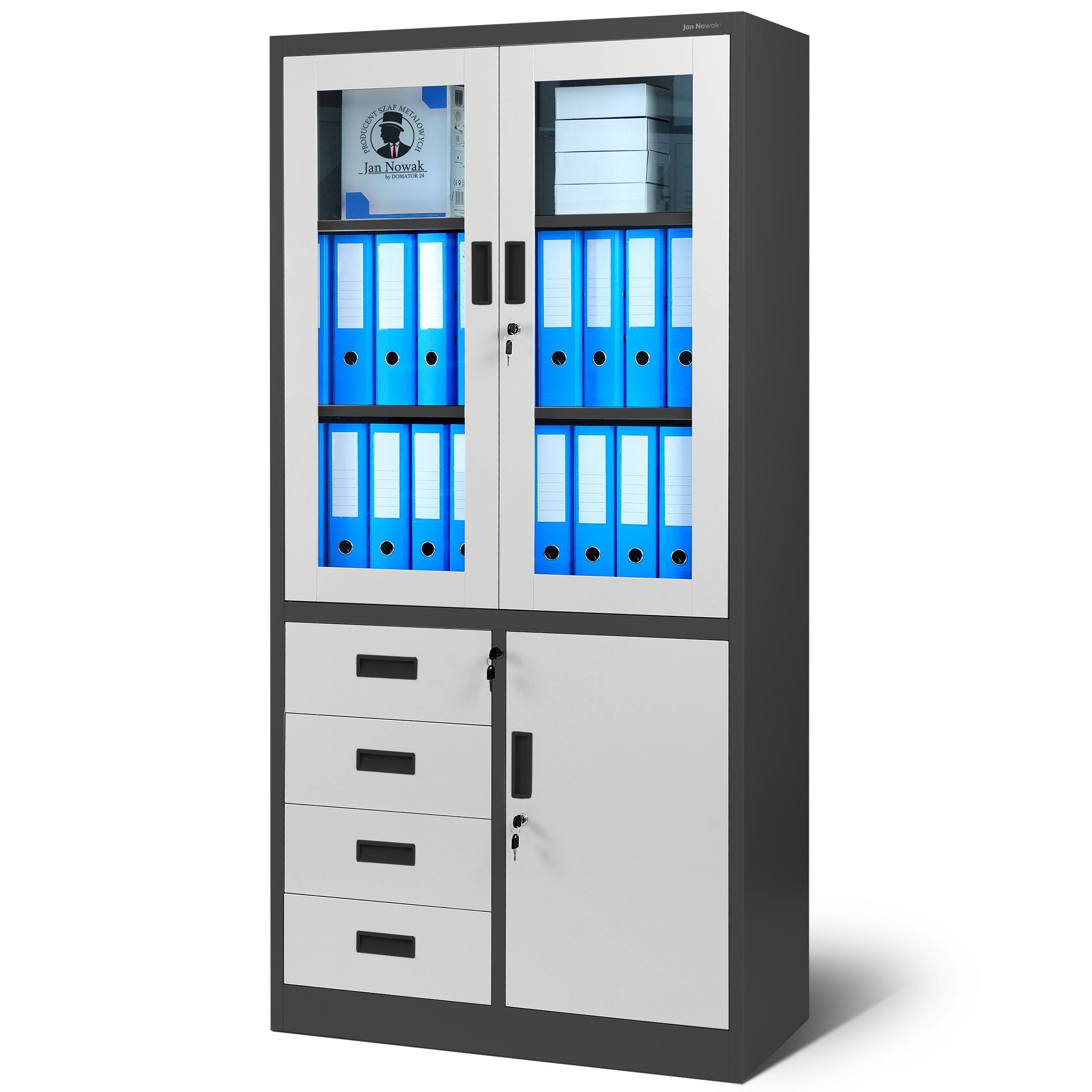 Jan Nowak Vitrine Metall Vitrinenschrank Schubladen 90 cm WIOLA Glasscheiben Stahl (Stahl 0,6 mm Wandmontage möglich 185 x 90 x 40 cm DSGVO) Büroschrank abschließbar Schloss 2 Schlüssel robust 3 Farben PZH