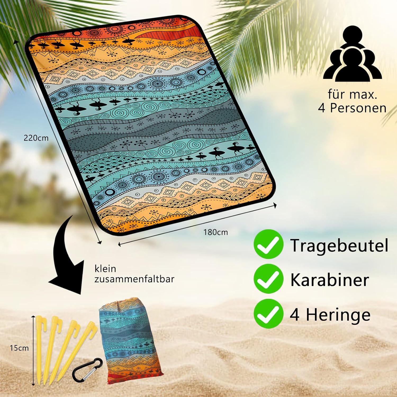 Picknickdecke Stranddecke Sandfrei - 180x220 cm Strapazierfähiges Picknickdecke, Agger, Kompakt Waschbar Strandmatte für Strand, Wandern, Reisen