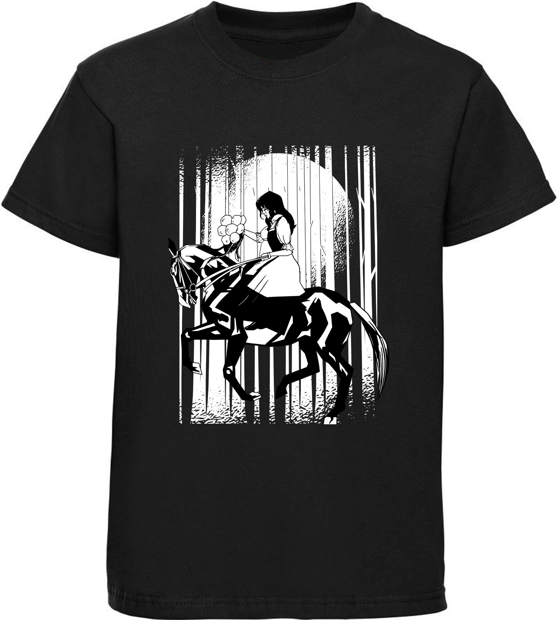 MyDesign24 Print-Shirt bedrucktes Mädchen T-Shirt berittenes Pferd Baumwollshirt mit Aufdruck, i138 schwarz
