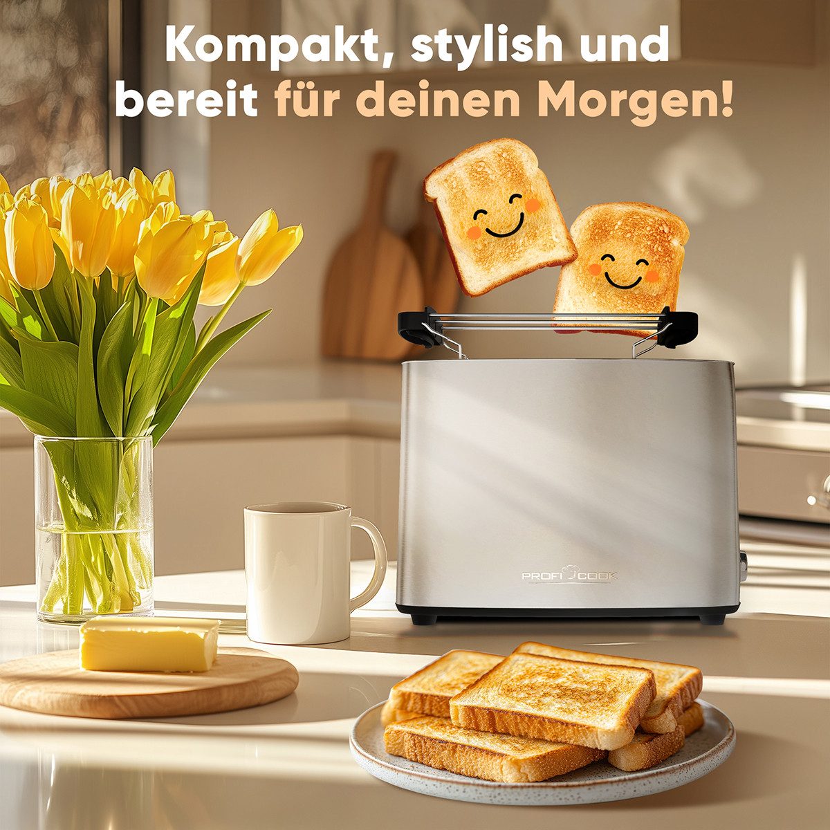 ProfiCook Toaster PC-TA 1279, Toaster 2 Scheiben, Toaster mit Brötchenaufsatz
