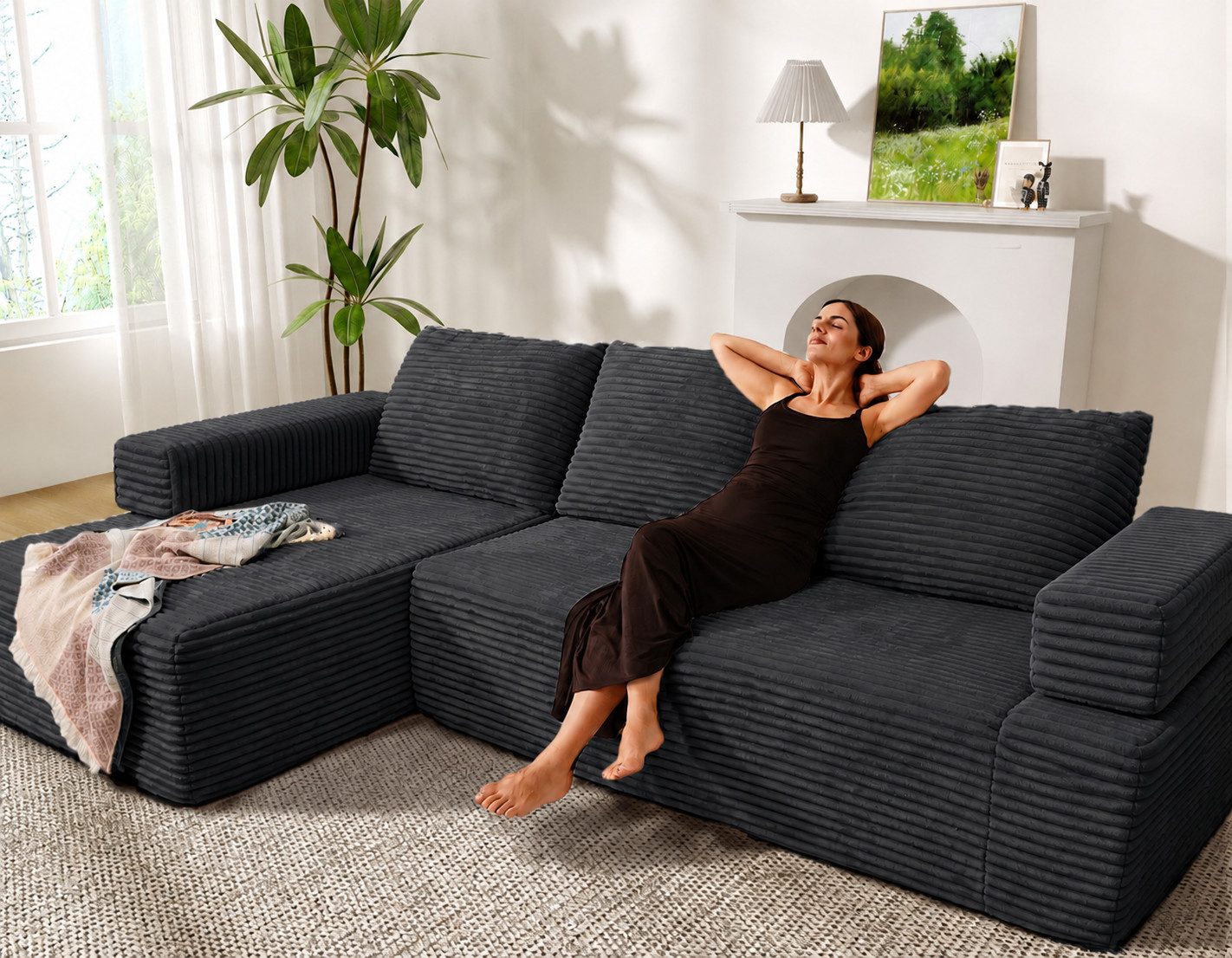 Patbrela Ecksofa Couch L-Form 263cm, Sofa Links Samtstoff Vierersofa mit Liegefläche, keine Montage erforderlich