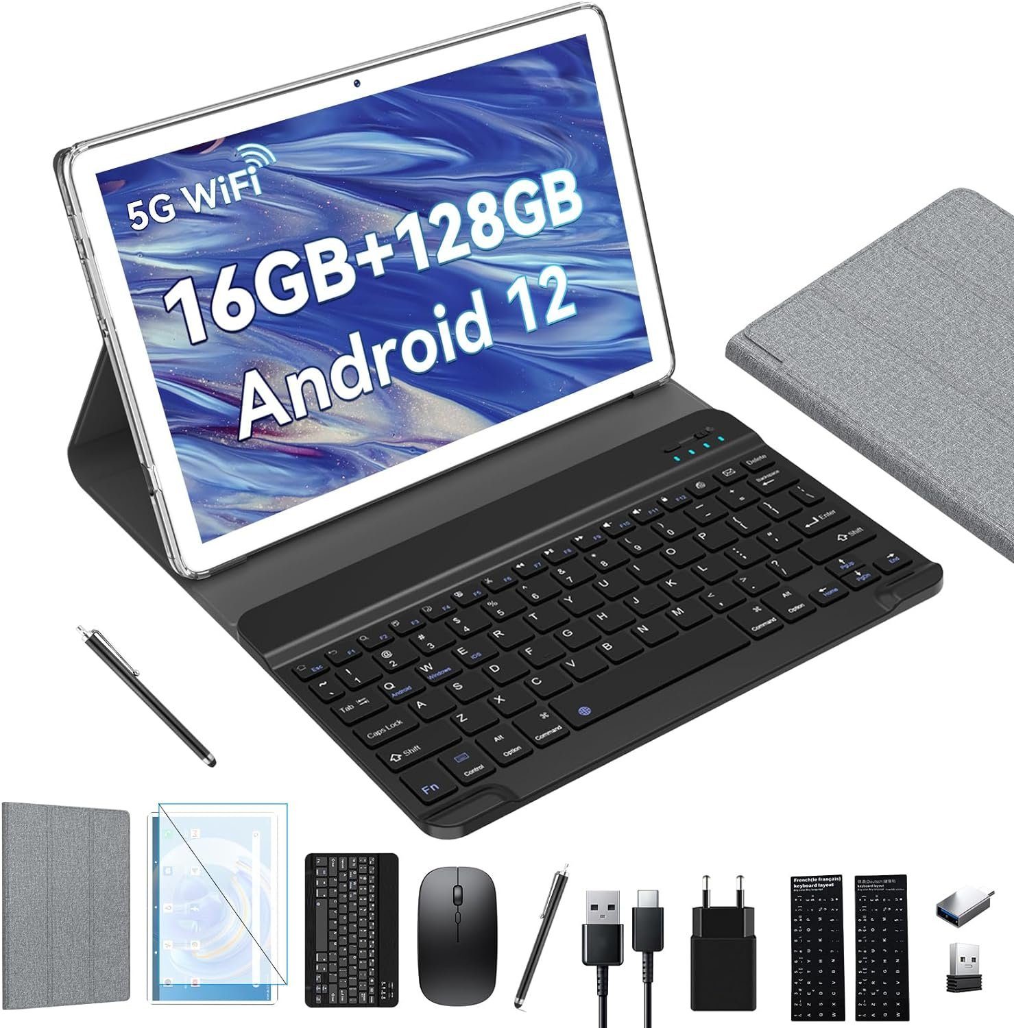 ZONKO mit 1080P FHD Videoqualität Tablet (10", 128 GB, Android 12, 2,4G+5G, 13MP mit 7000mAh Octa-Core 2,0 GHz mit Tastatur Maus SD BT GMS, Typ-c)