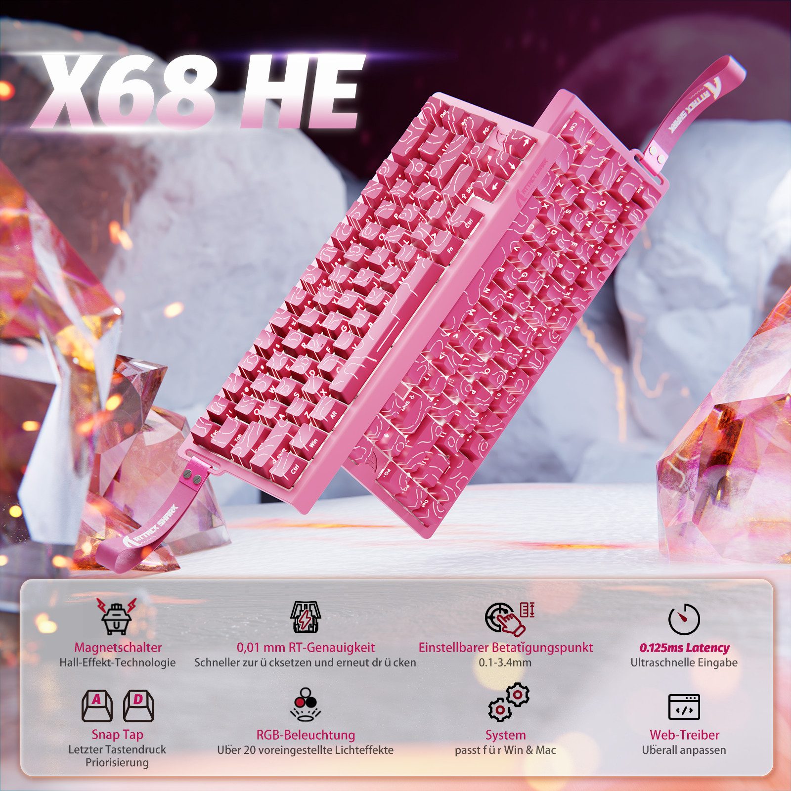 ATTACK SHARK X68 HE 8KHz Rapid Trigger Gaming-Tastatur, 0,01mm,RGB Gaming-Tastatur (Kabelgebunden Hall-Effekt Magnetische Tastatur)