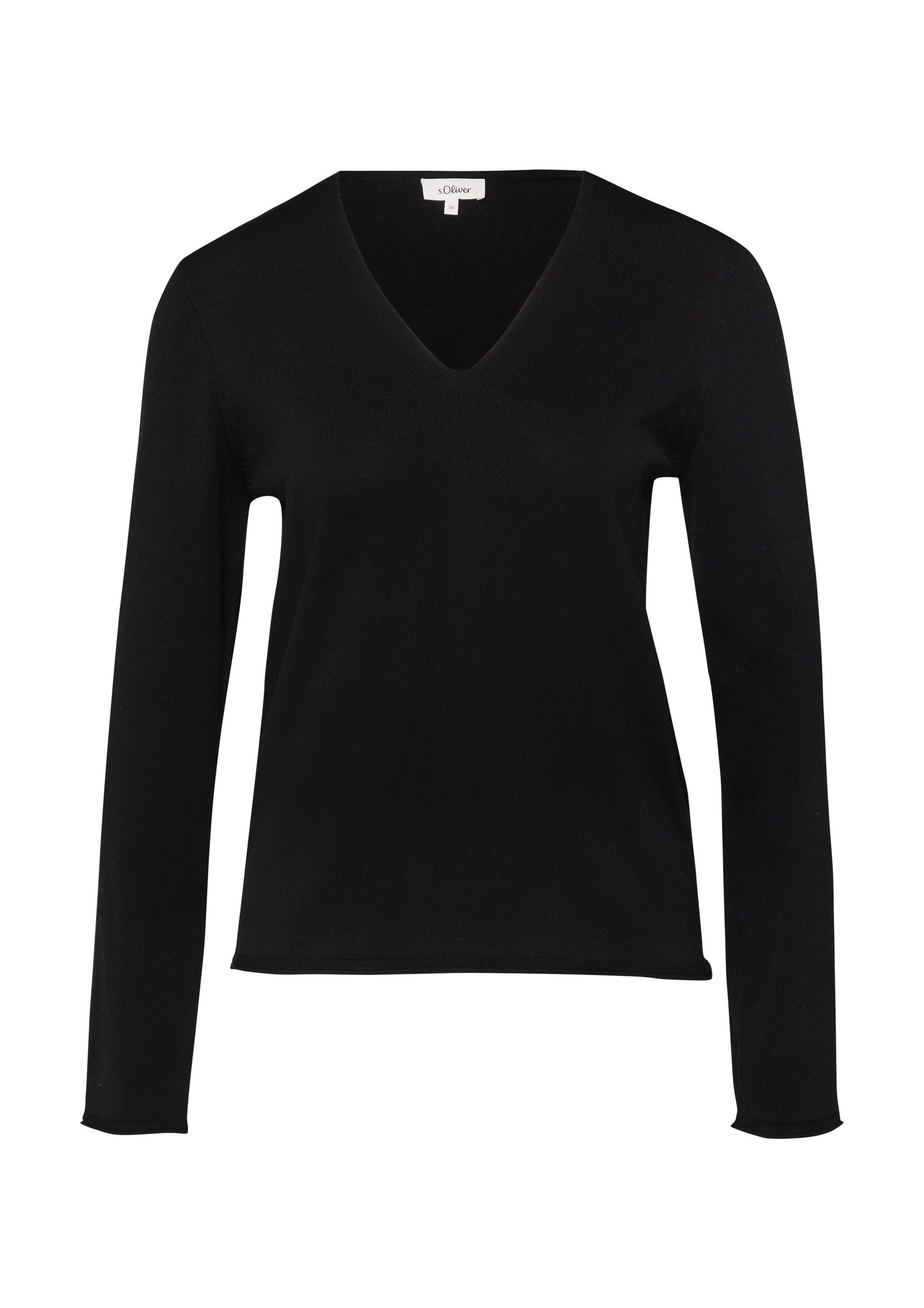 s.Oliver Longpullover Strickpullover Feinstrickpullover mit V-Ausschnitt und Rollkante am Saum