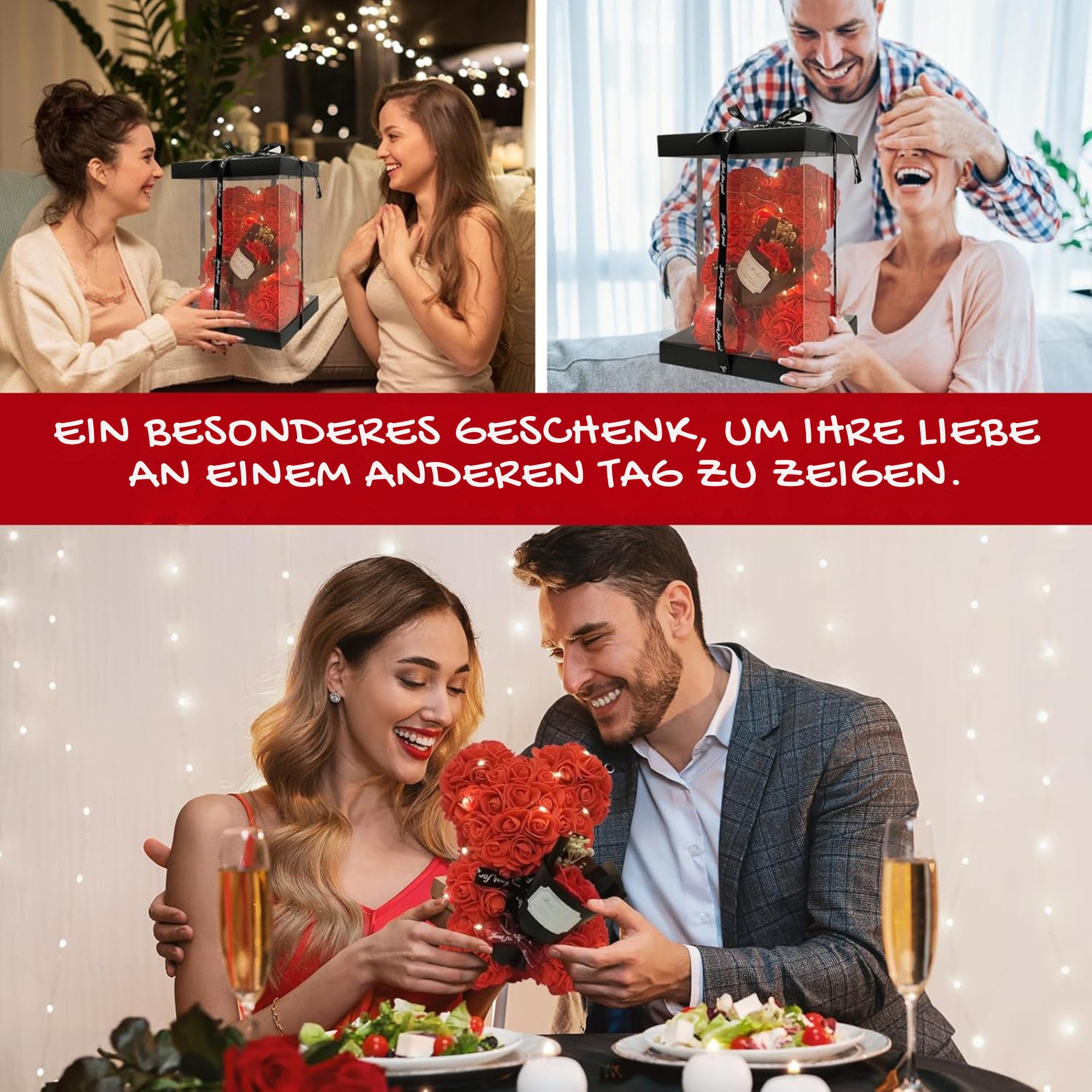 Kunstblumenstrauß Romantischer Rosen-Teddybär Geschenkset mit LED-Licht und einer Halskette aus echten Süßwasserperlen, Valentinstagsgeschenk für Ihre Freundin, – Bild 5 von 5