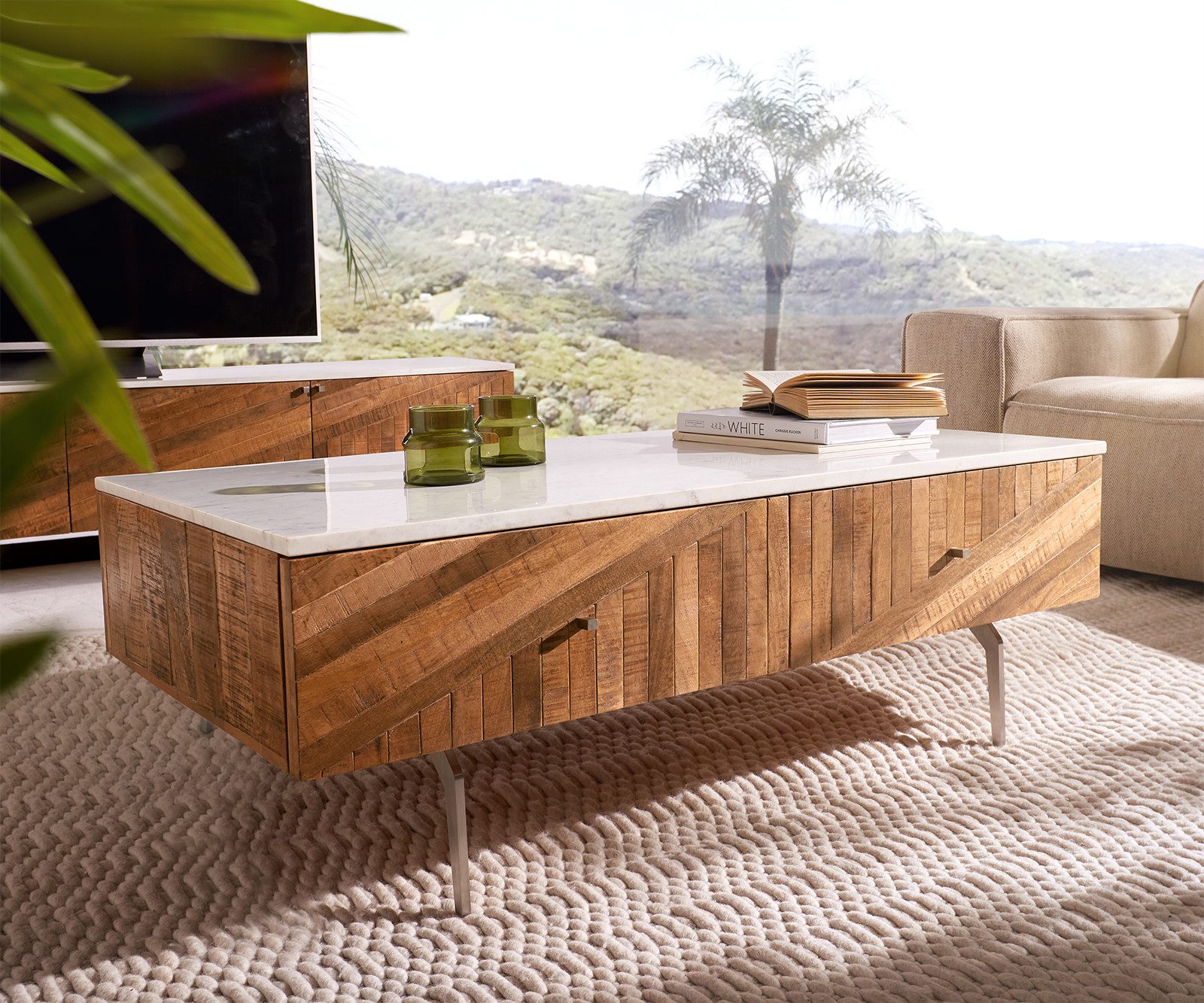 DELIFE Couchtisch Bahan, Mango Teak 115x60 cm 2 Schubladen Marmorplatte weiss