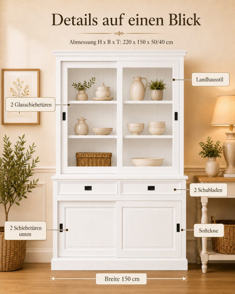 Wohnpalast Vitrine Landhaus Vitrinenschrank Neuss 150 cm Weiß Buffetschrank
