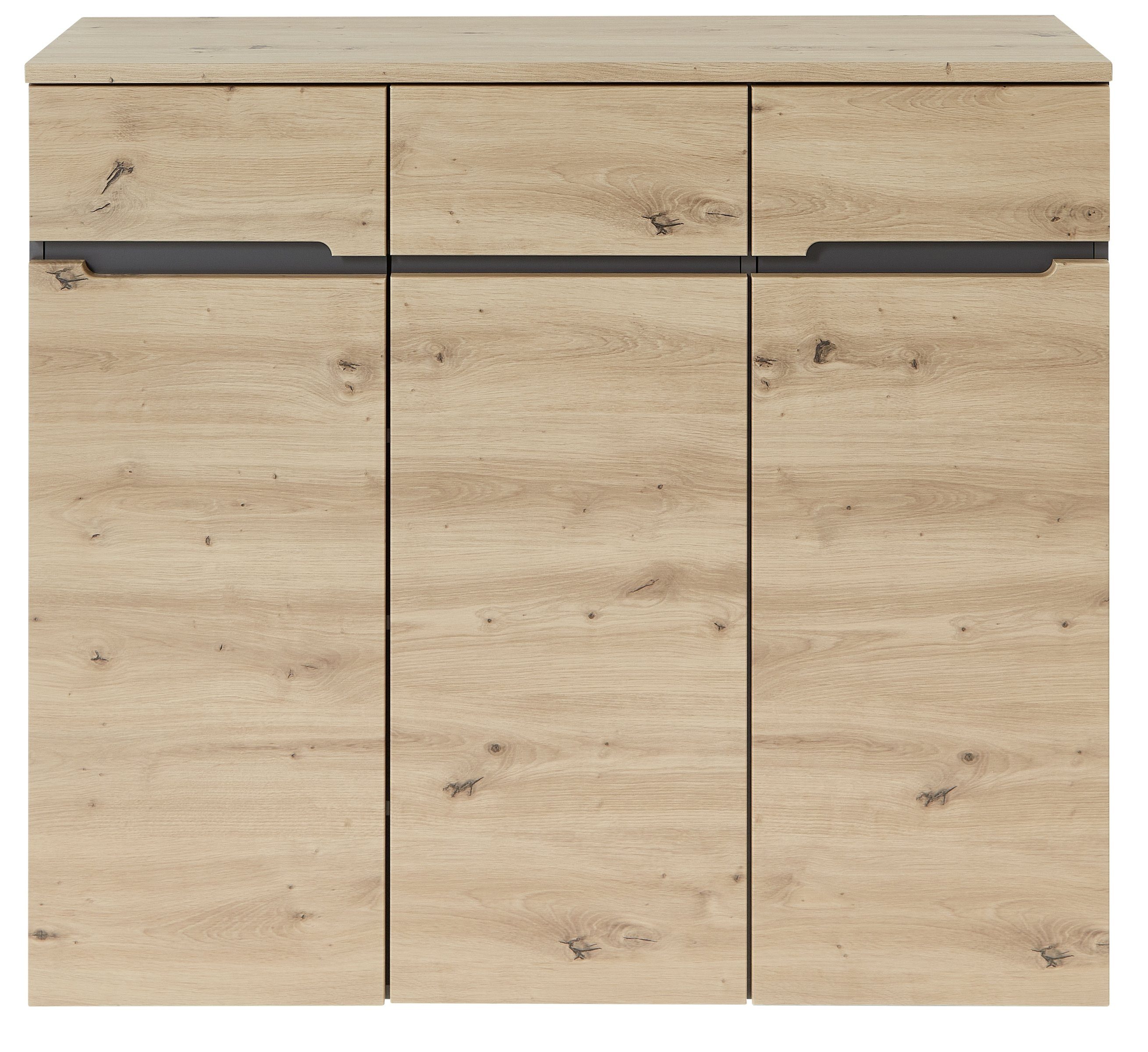 möbelando Schuhschrank "Meagan II" Moderner Schuhschrank, Korpus aus Spanplatte in Graphit, Front aus MDF in Artisan Eiche Nachbildung mit 3 Holztüren und 8 Einlegeböden. Breite 120 cm, Höhe 107 cm, Tiefe 38 cm