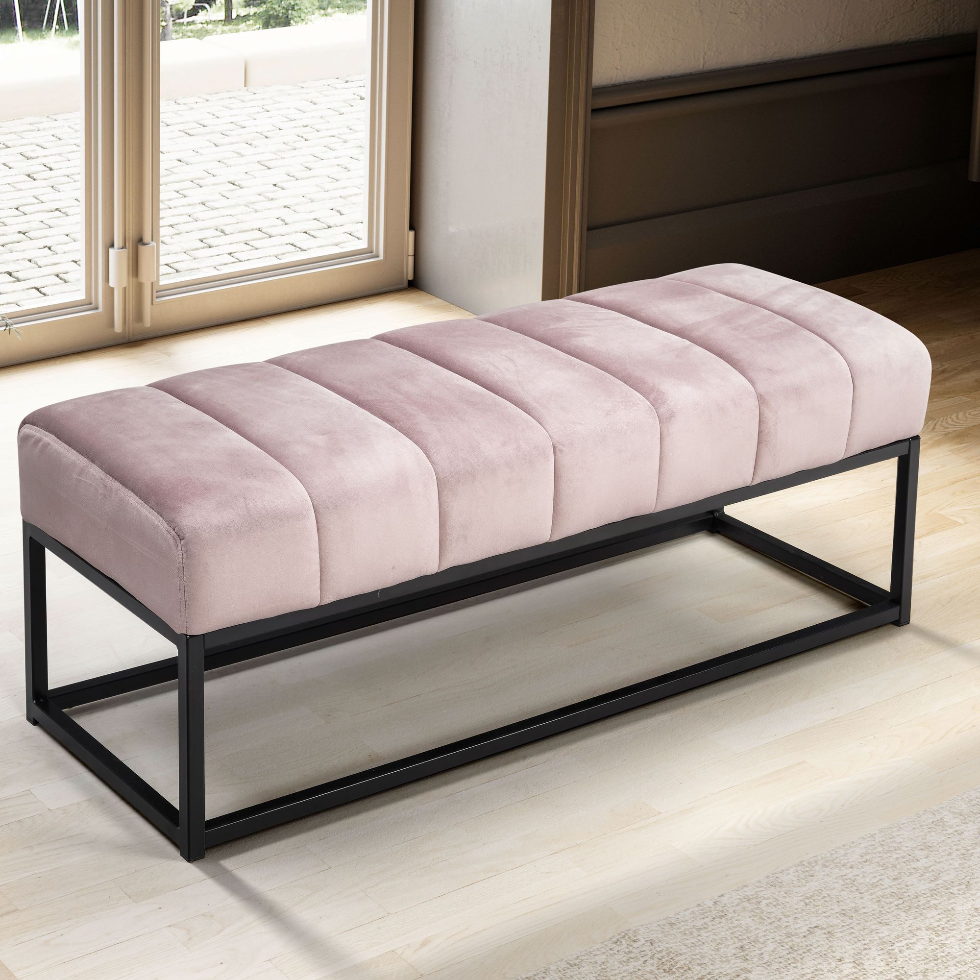 FINEBUY Bettbank FB60346 Sitzbank Polsterbank Samt 108 cm Flurbank Modern Bank (Samt Rosa 108x40x40 cm, Flur Polsterbank), Design Stoffbank Schlafzimmer, Garderobenbank