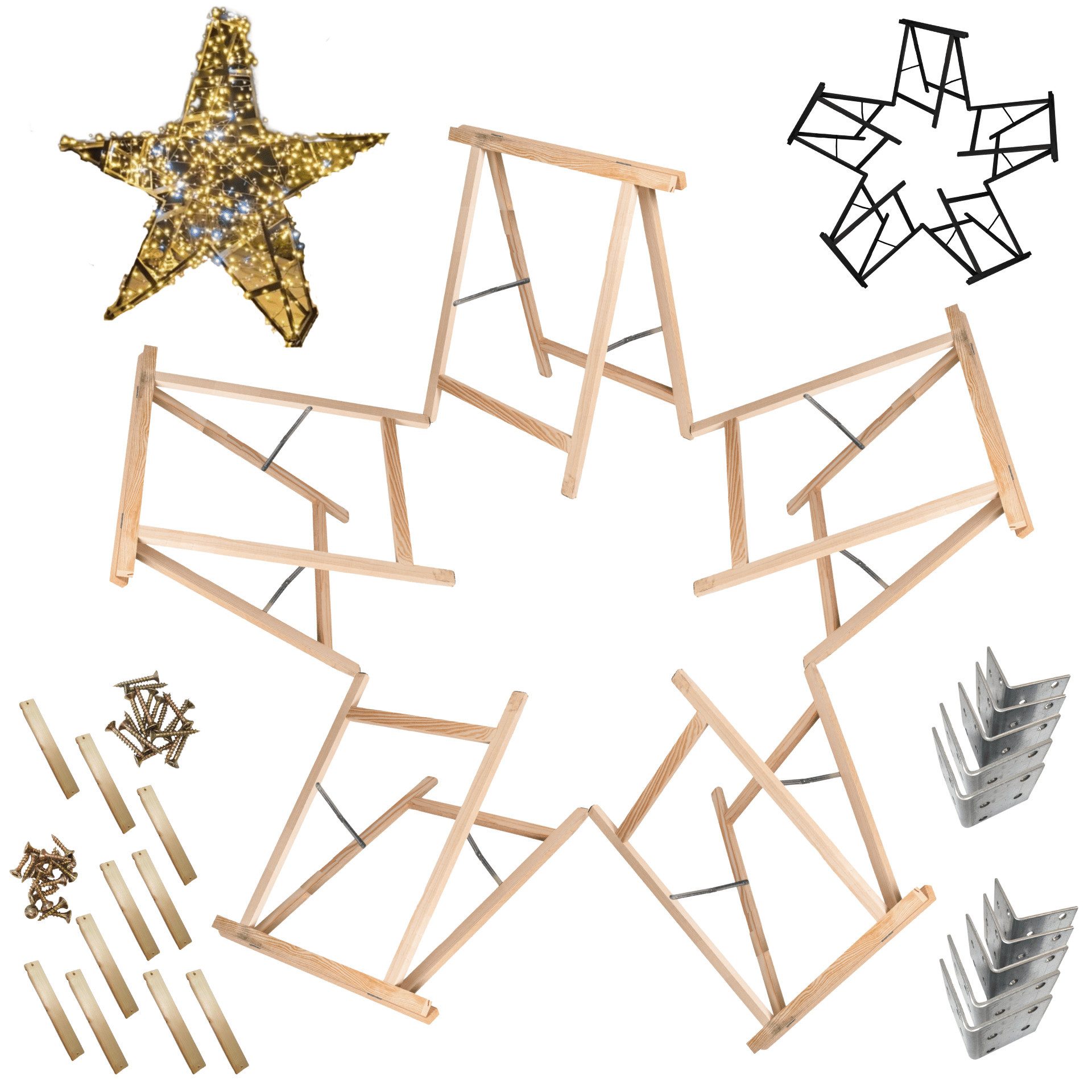 Modo24 Sägebock Holzbock, Klappbock Arbeitsbock, 5er-Set inklusive Montageteile, (Weihnachtsstern SET, 5-St), DIY Stern, Tapezierbock Montagebock Unterstellbock, 180x180x73 cm