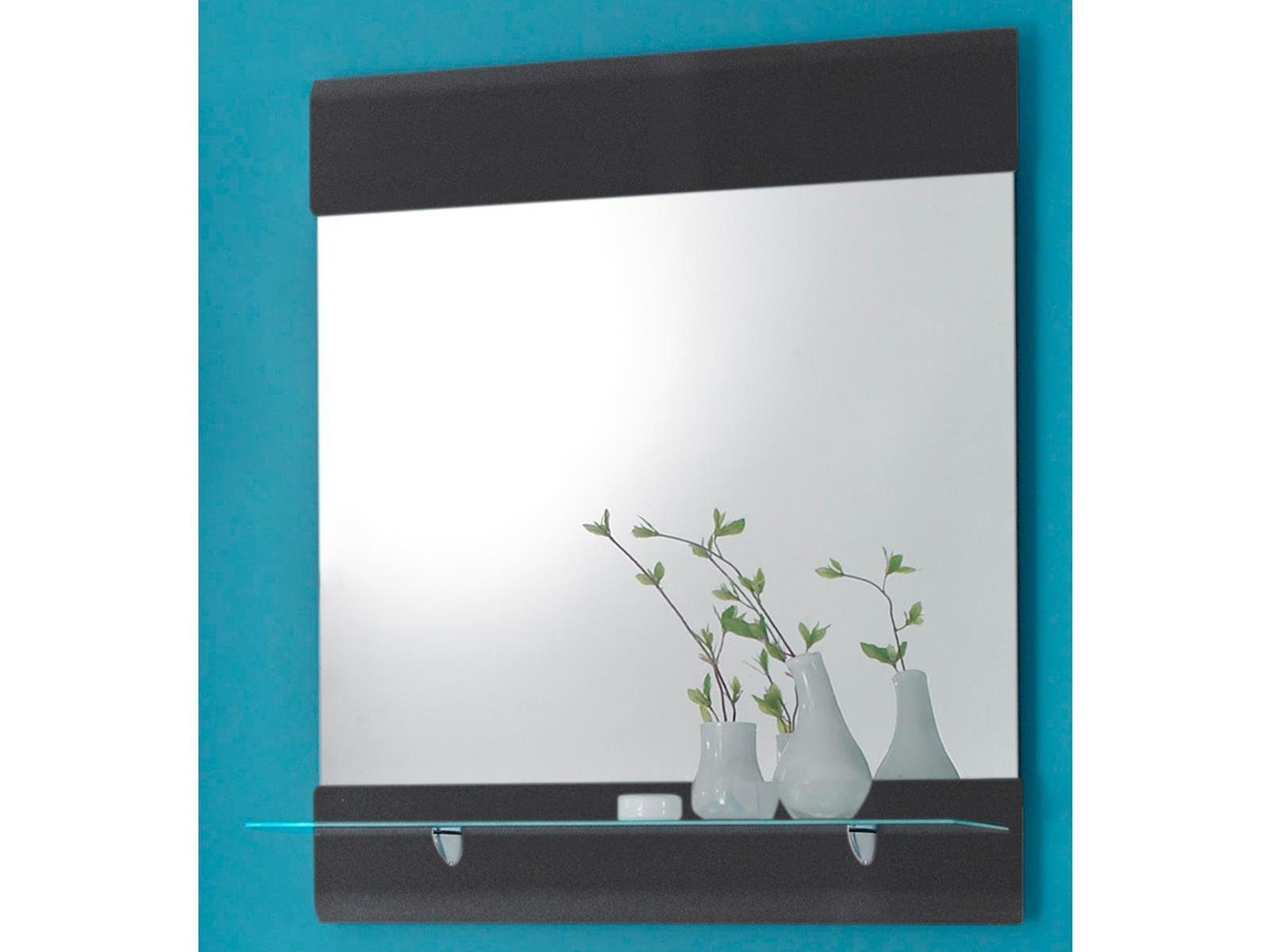 möbelando Wandspiegel Corby, Moderner Spiegel aus Spanplatte in Grau, Front aus MDF in Grau-Metallic Hochglanz mit 1 Glasablageboden. Breite 76 cm, Höhe 88 cm, Tiefe 17 cm