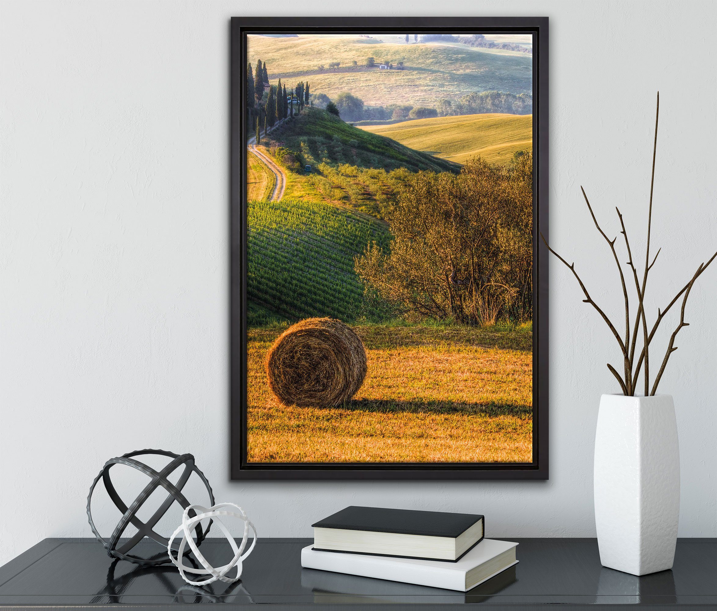 (1 einem St), Landschaft, bespannt, Leinwandbild Schattenfugen-Bilderrahmen Toskana Italienische Pixxprint Wanddekoration inkl. Zackenaufhänger fertig Leinwandbild in gefasst,