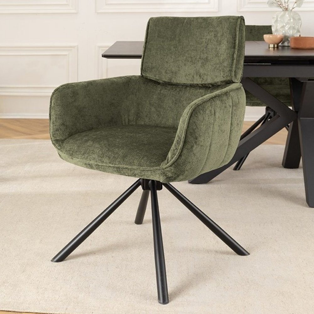 LebensWohnArt Stuhl Retro Drehstuhl UNICO grün Chenille schwarzes Metallgestell Armlehne