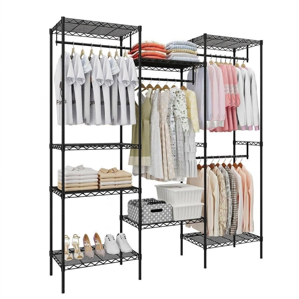 GarveeMore Kleiderständer aus Eisen mit 6 Ablageflächen, 4 Kleiderstangen, 175x40x195 cm, festes Design, pulverbeschichtet, für Schlafzimmer & Ankleidezimmer