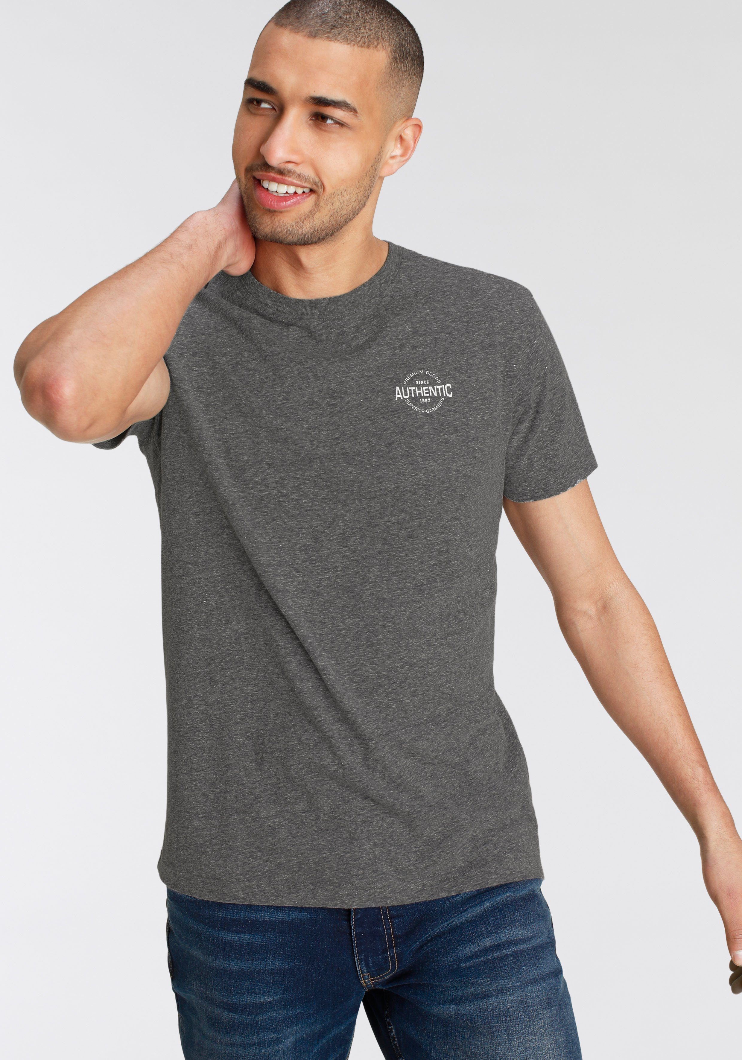 【Kostenloser Versand】 AJC T-Shirt in besonderer mit Logo und Print Optik meliert Melange anthrazit