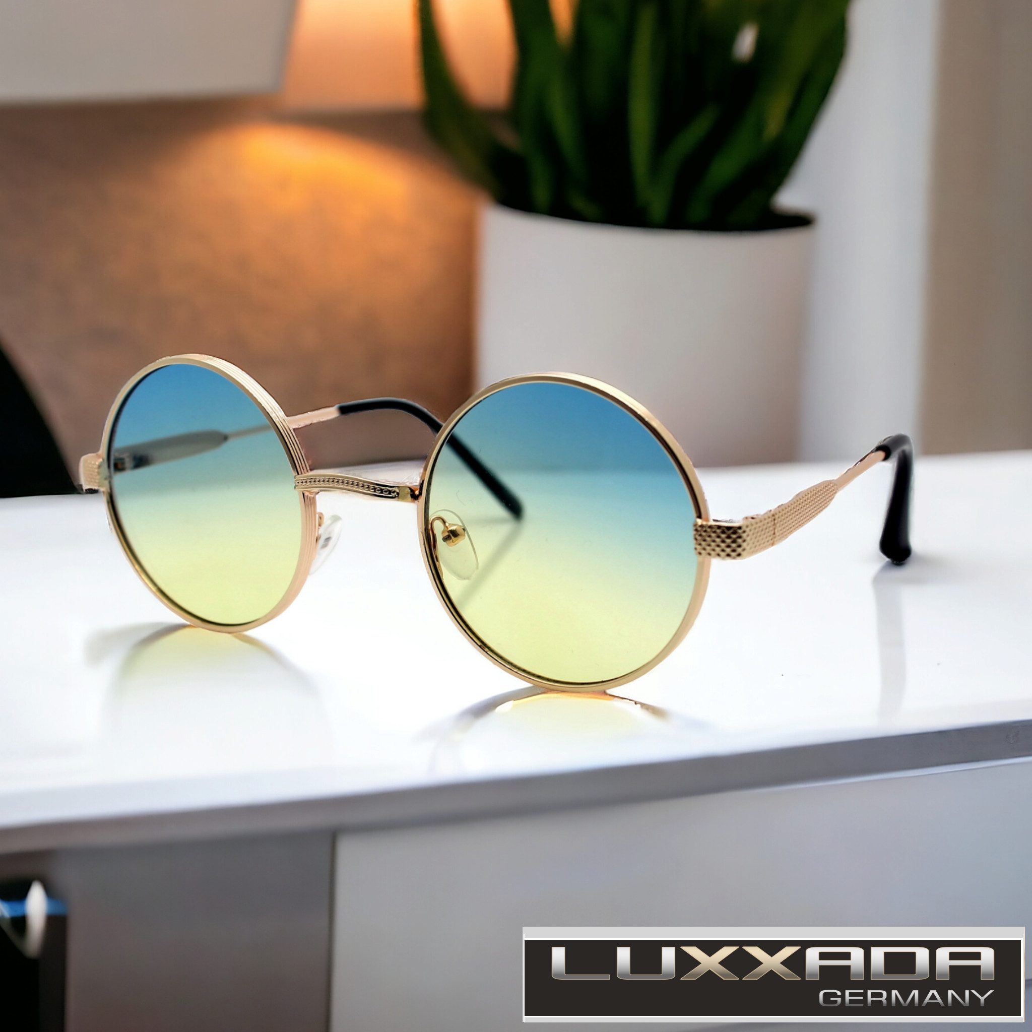 Vaccari-design Sonnenbrille (1x Runde Hippie Festival Brille mit Brillenbeutel) Nickelbrille in Gold mit Blau Gelb Verlaufsgetönten Gläsern