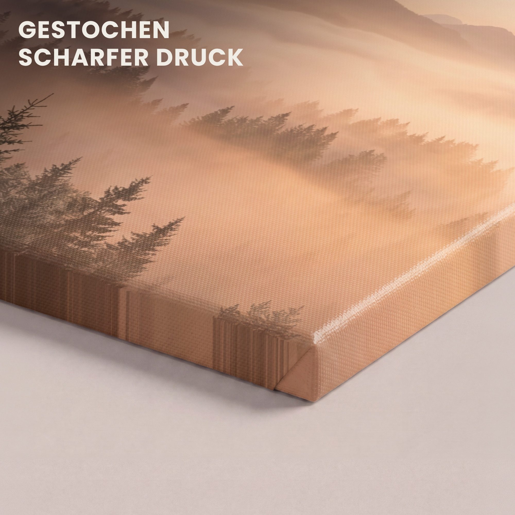 OneMillionCanvasses® Leinwandbild Sonnenlicht - Nebel - Berge - Bäume, Fotodruck (1 St), Wandbild, Deko Schlafzimmer Wohnzimmer Flur 20x20 cm – Bild 3 von 5