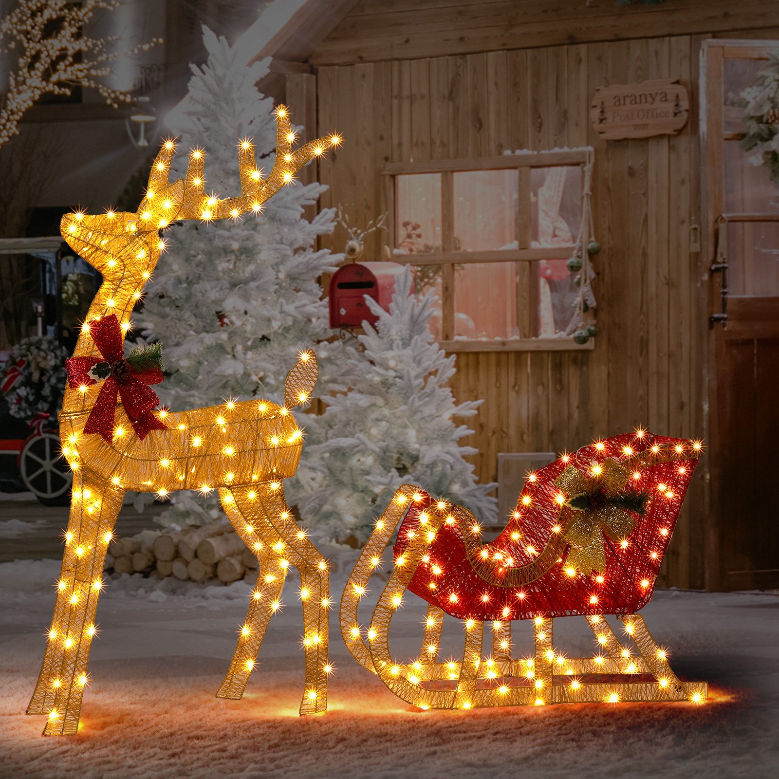 VINGLI LED-Dekofigur Leuchtendes Weihnachtsdeko, 3-teiliges Rentier-Familien-Set, Rentier mit Schlitten, 180 Warmweißen LED-Lichtern, Wetterfest, 120 cm