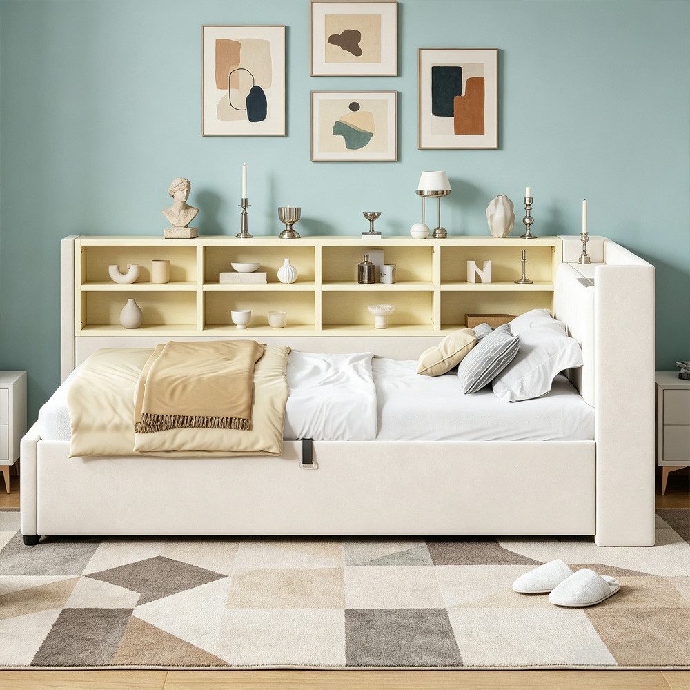 OKWISH Schlafsofa Kinderbett, mit hydraulischem Stauraum, Nachtlicht, USB- & Typ-C-Ladeanschluss und Ablagen, Polsterbett, Gepolstertes Samtsofa 90x200 cm, ohne Matratze