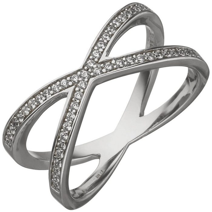 Schmuck Krone Silberring Damen-Ring in X-Form zwei Faden gekreuzt 49 Zirkonia weiß 925 Silber Kreuzring Silber 925