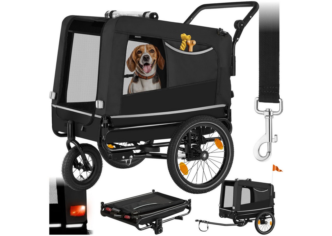 tectake Fahrradhundeanhänger Hundewagen 3in1 multifunktional mit Reflektoren, Leine und Warnfahne, mit Regenschutz, faltbar, gefedert, Belastbarkeit 40 kg, 240 Liter