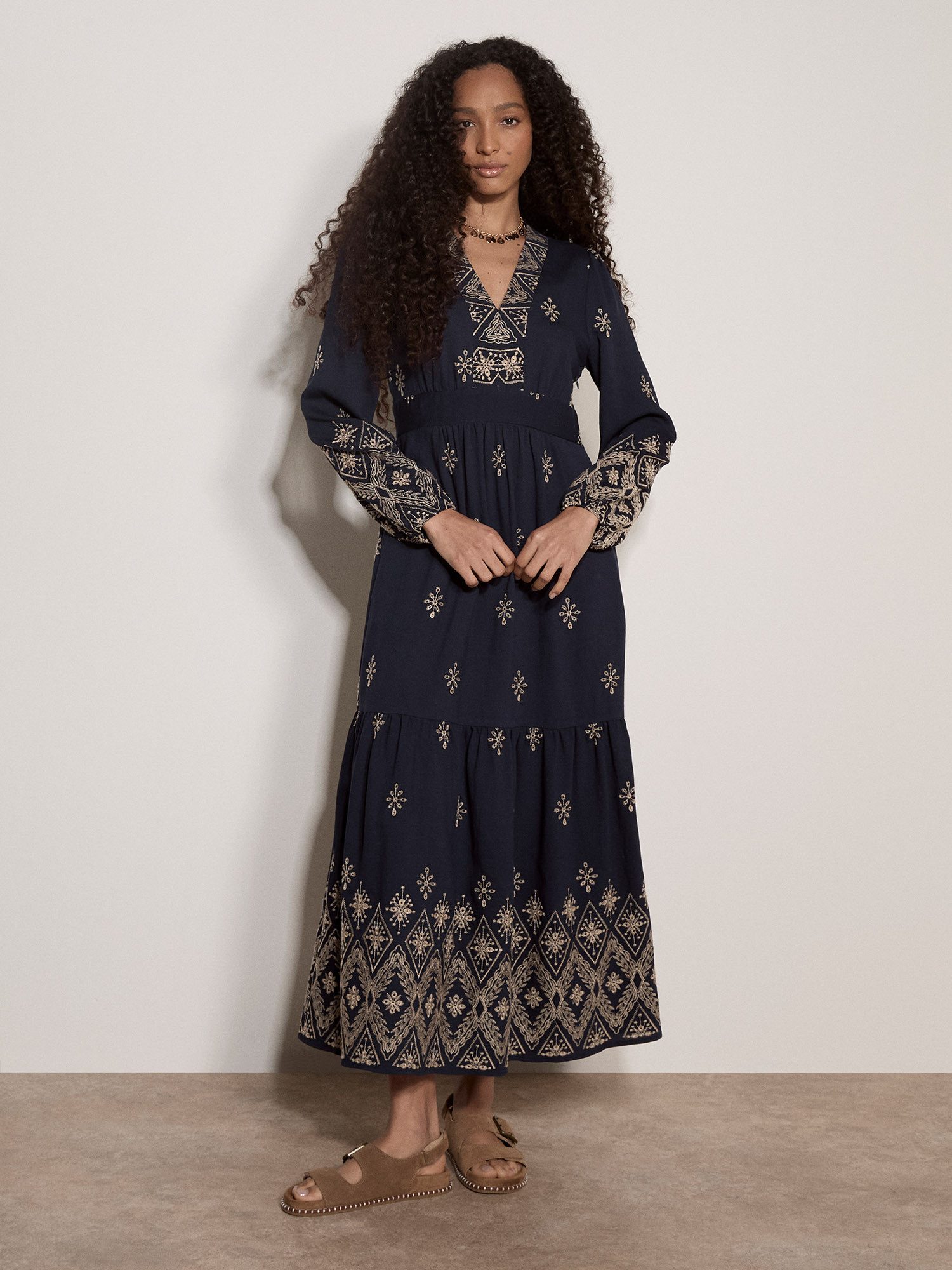 Apricot Maxikleid Boho-Maxikleid mit Stickerei
