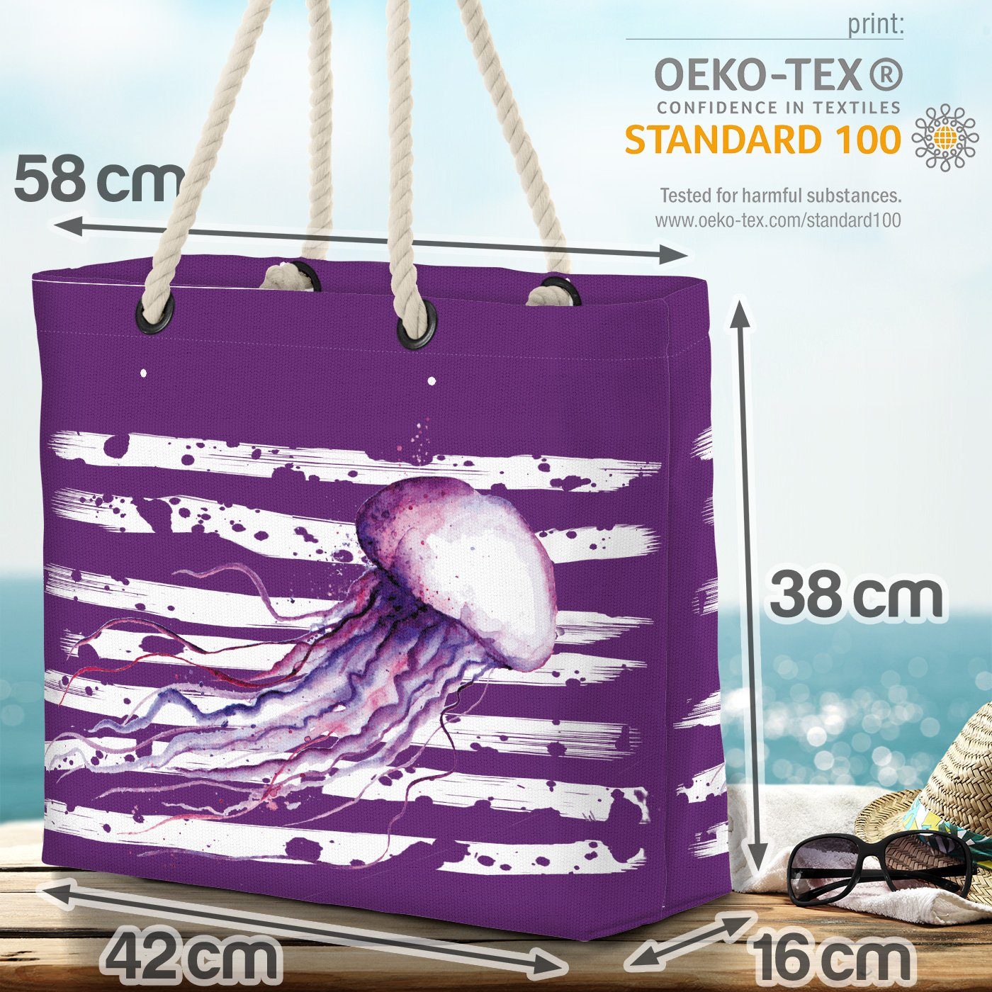 VOID Strandtasche (1-tlg), Insel Urlaub Baden Meer lila Strand Qualle