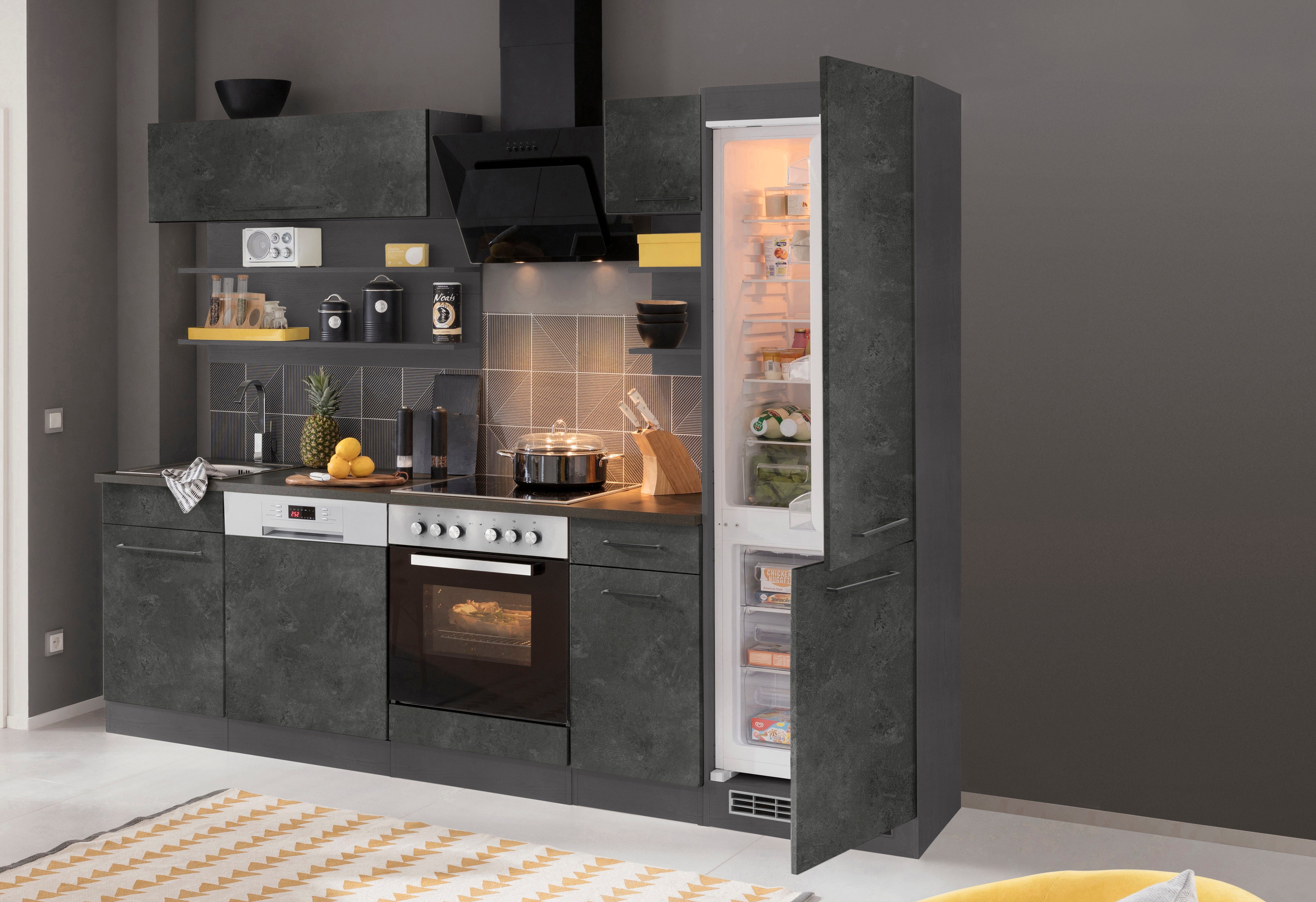 HELD MÖBEL Küchenzeile Tulsa, mit E-Geräten, Breite 270 cm, schwarze Metallgriffe, MDF Fronten