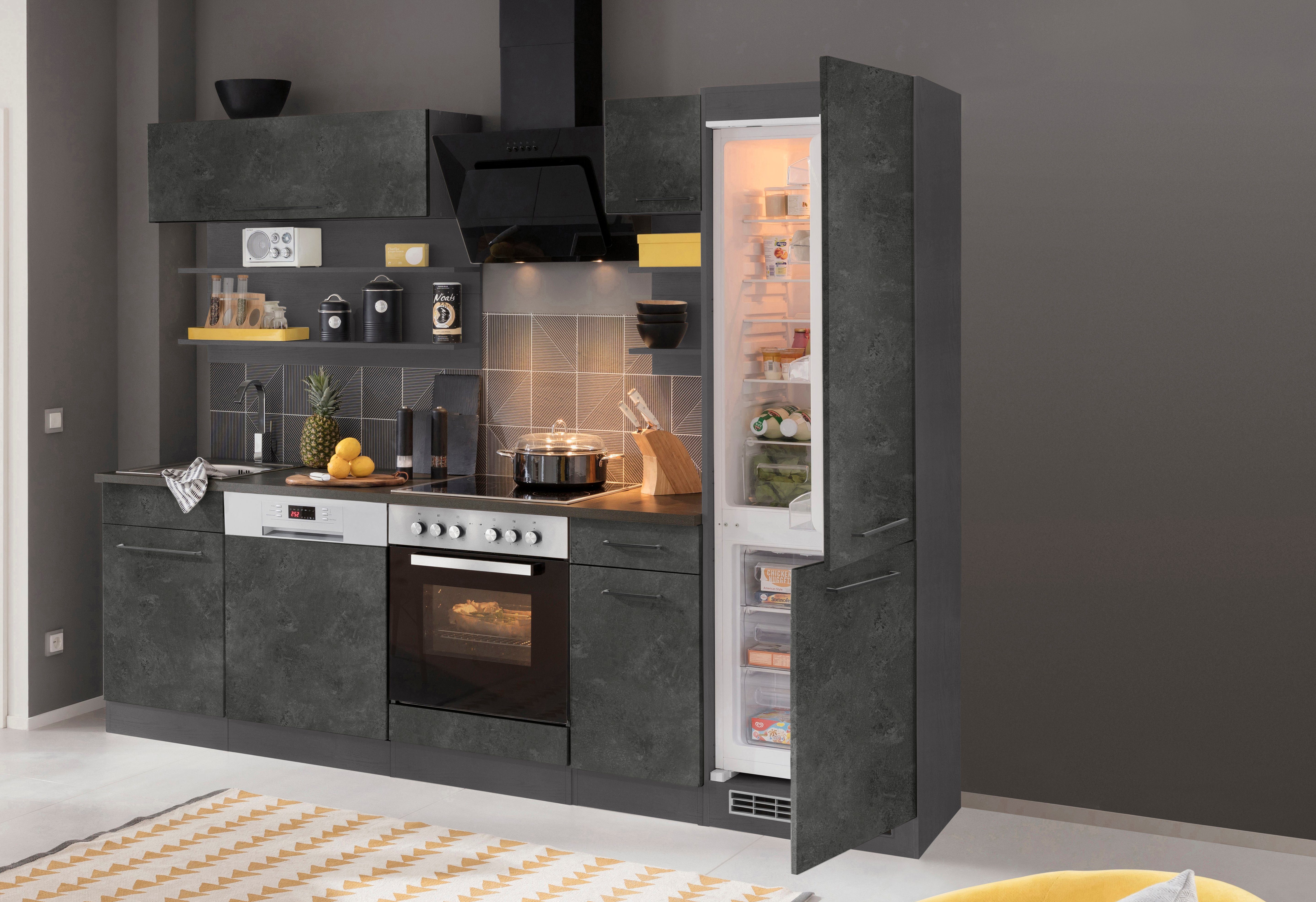 KOCHSTATION Küchenzeile KS-Tulsa, mit E-Geräten, Breite 270 cm, schwarze Metallgriffe, MDF Fronten