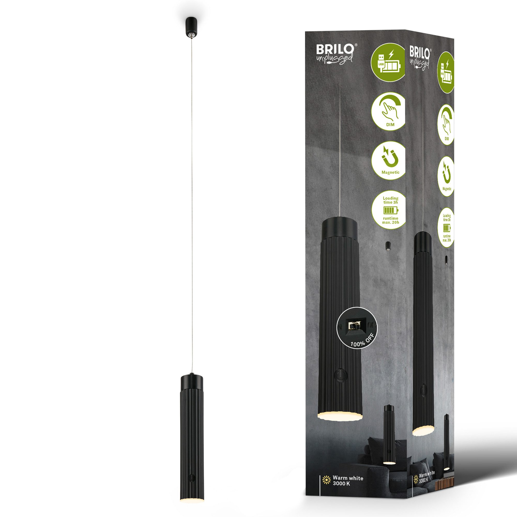 Briloner Leuchten LED Pendelleuchte Hängelampe Bettlampe Akku Touch Dimmbar USB-C Abnehmbar, LED fest integriert, 3000K, 4,5x20,5 cm, Esszimmer, Wohnzimmer, Schlafzimmer