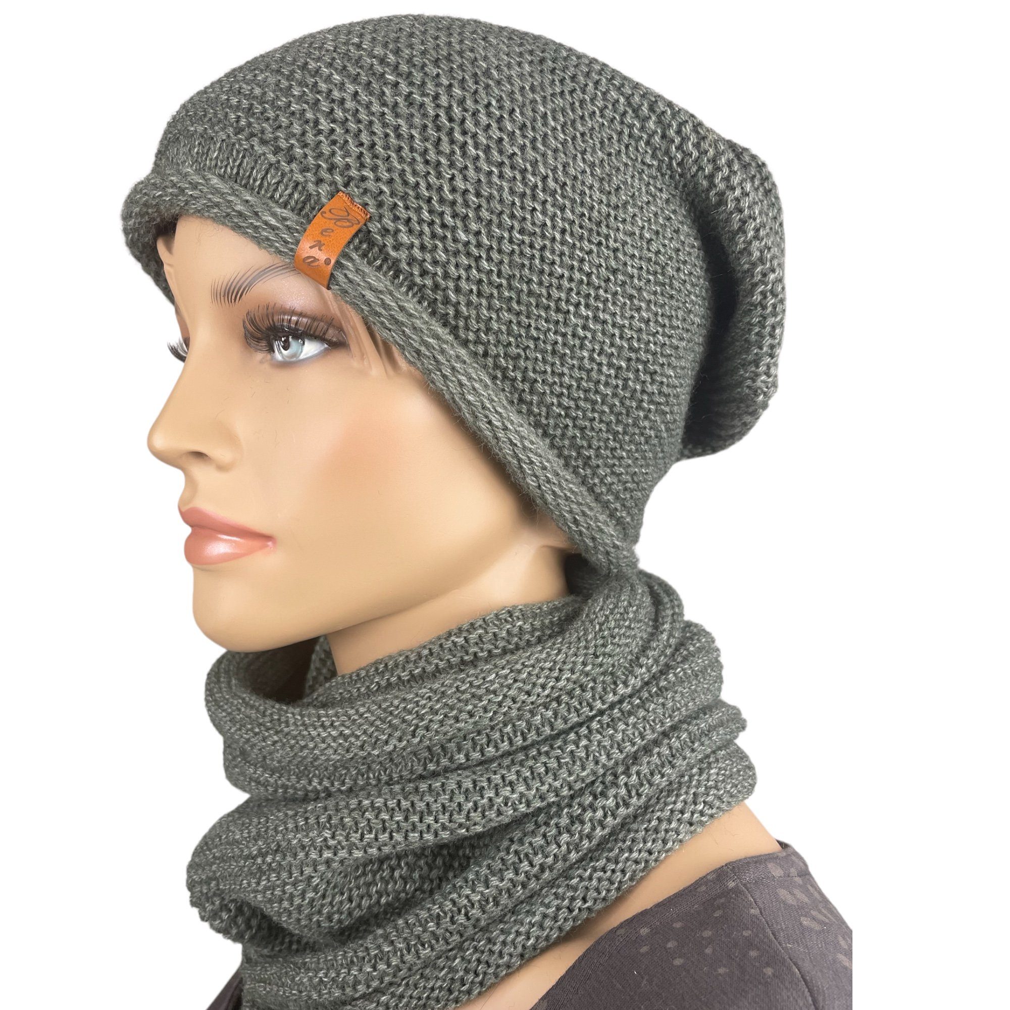 N-Set Damen Beanie für olivegrün unisex & klassisch und Taschen4life Mütze Herren, Strick uni - (2 Schal Loop-Schal) Stil einfarbig, Long-Beanie & modischer teilig,