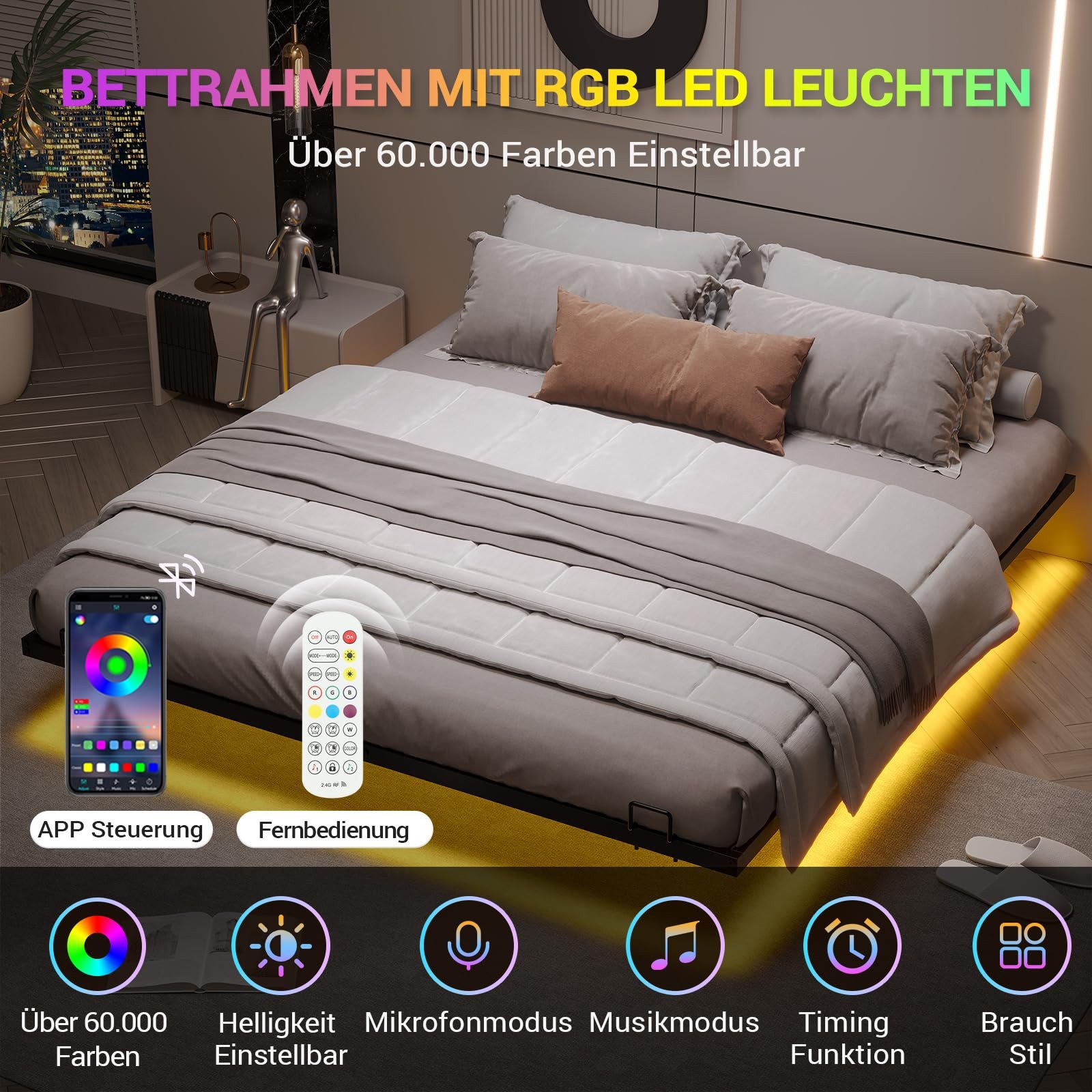MSMASK Metallbett Schwebebett Bettgestell mit LED-Beleuchtung (Ohne Matratze), 160x200cm