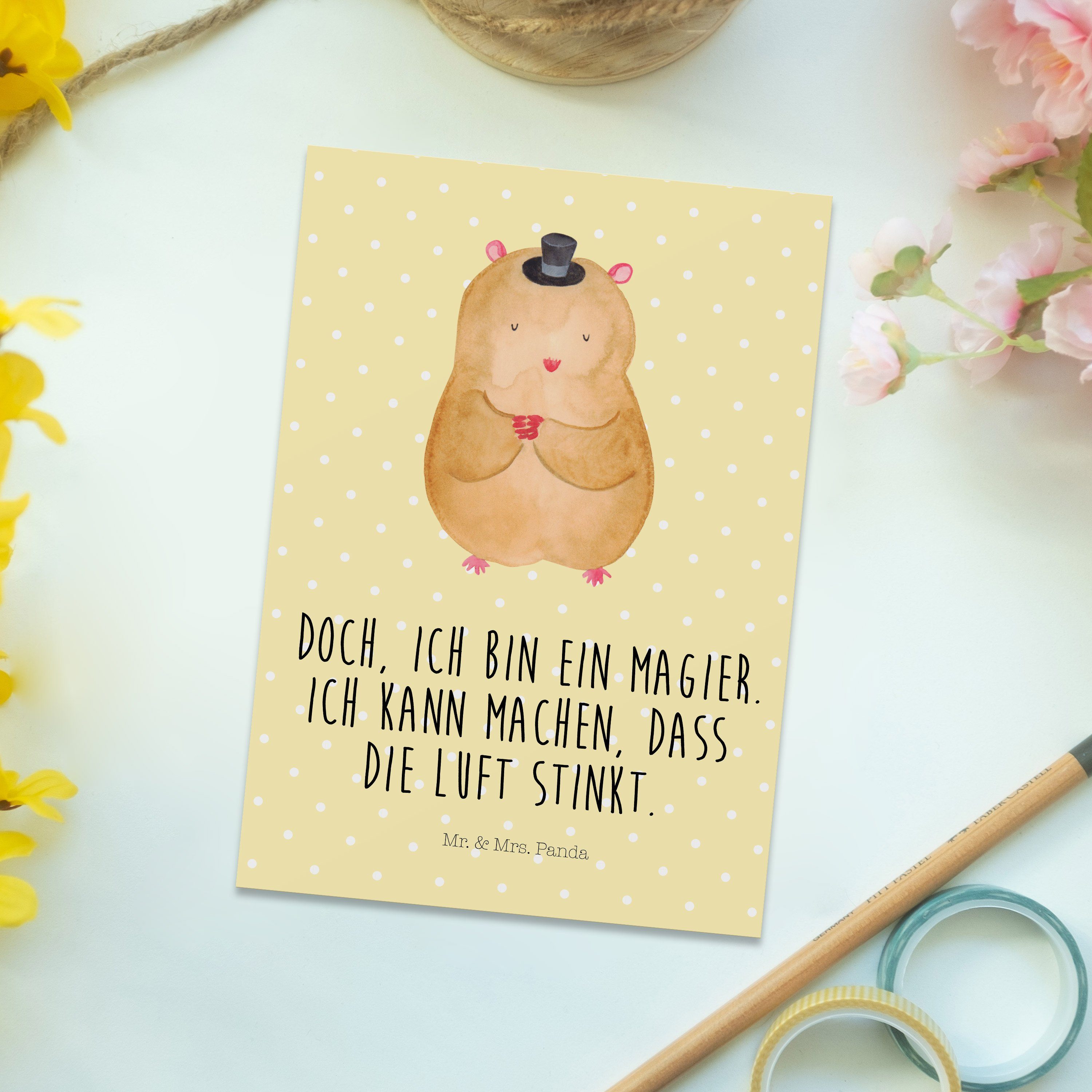 Mr. & Mrs. Panda Postkarte Gute Gelb Ansichtskarte, Geschenk, - Hut Pastell Laune Hamster - mit