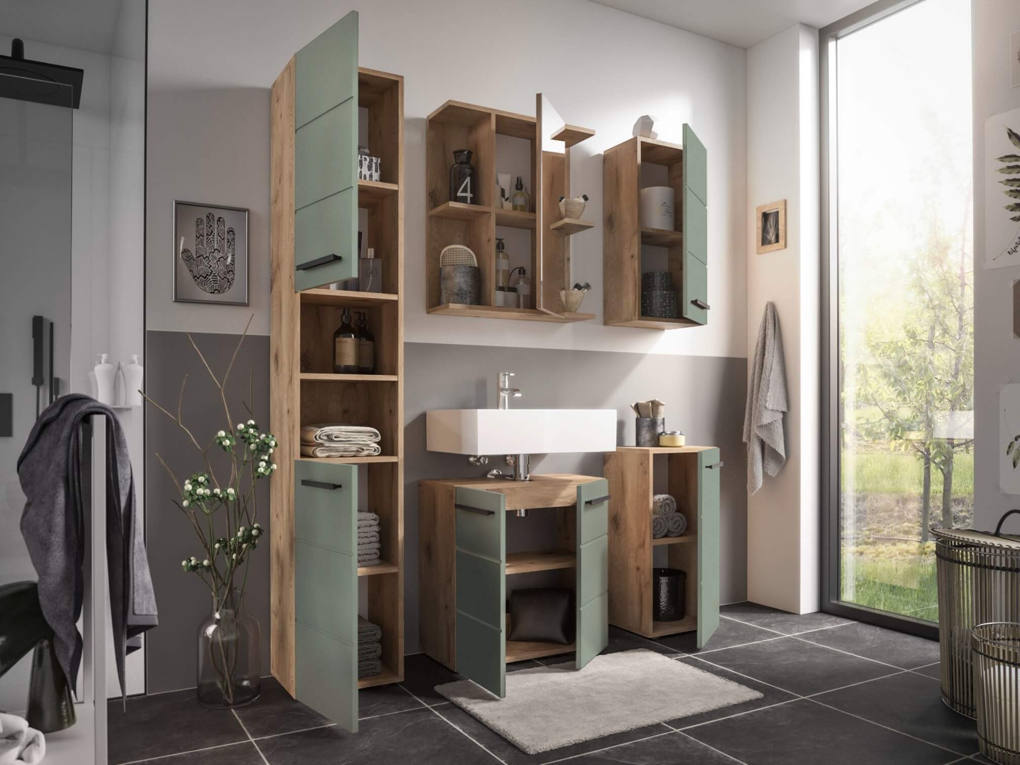 moebel-dich-auf Badezimmer-Set VALENCIA, (Hochschrank, Waschbeckenunterschrank, Spiegelschrank, Hängeschrank, Kommode, MDF-Fronten tiefgezogen, Korpus melaminbeschichtet)