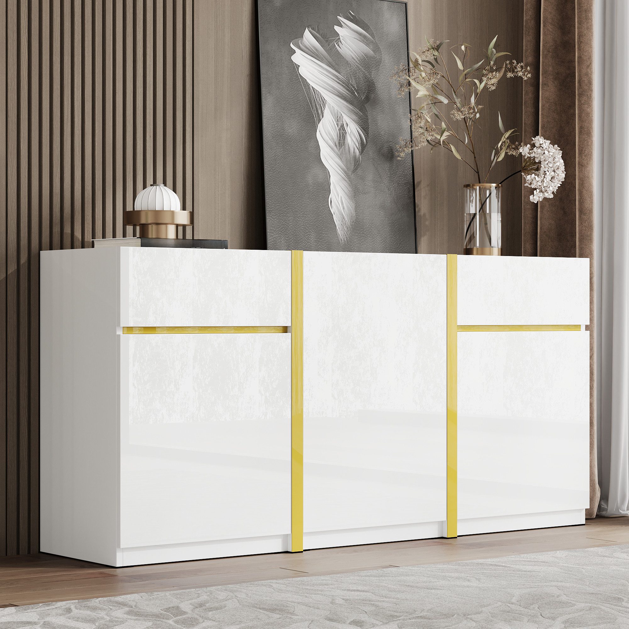 BlingBin Sideboard Hochglanz Kommode, Beistellschrank mit 3 Türen und 2 Schubladen (1er Set, 1 St., 160 L x40 B x 78 H(cm), Gewichtskapazität: 60KG, Weiß), Aufbewahrungsschrank für Wohnzimmer, Esszimmer und Eingangsbereich