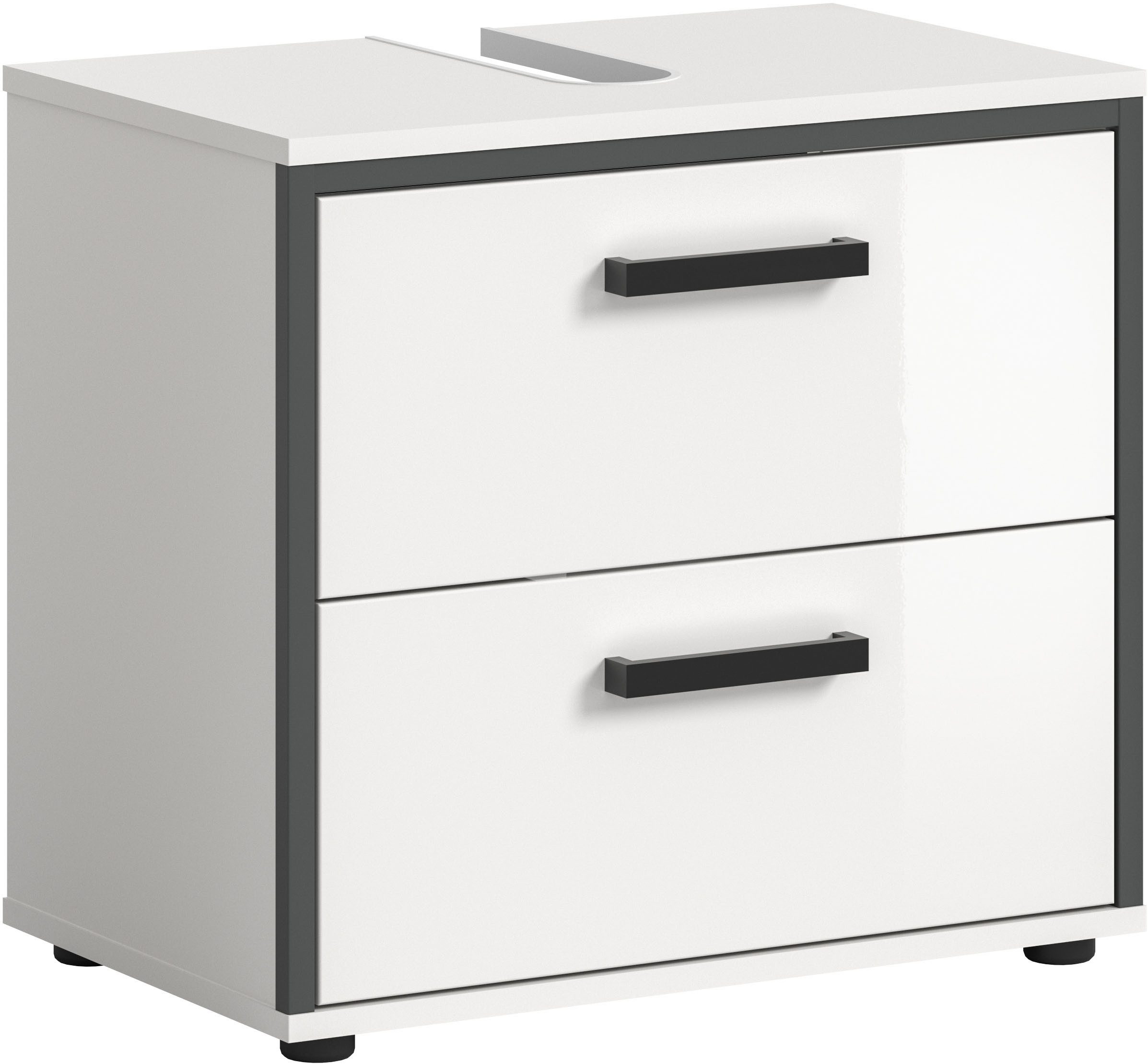 welltime Waschbeckenunterschrank KAJO, hochglanz Front, 2 Schubladen, Siphonausschnitt (1-St) Waschbecken, Unterschrank, Bad, Badezimmer, Schrank